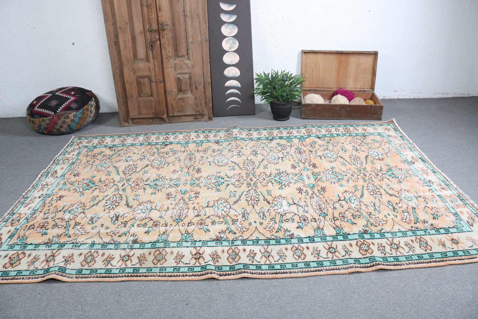 Turuncu Açıklama Halıları, Oushak Halıları, Türk Halısı, Oturma Odası Halıları, Yün Halıları, Vintage Halılar, Bohem Halıları, Yatak Odası Halısı, 6x9,5 ft Büyük Halılar