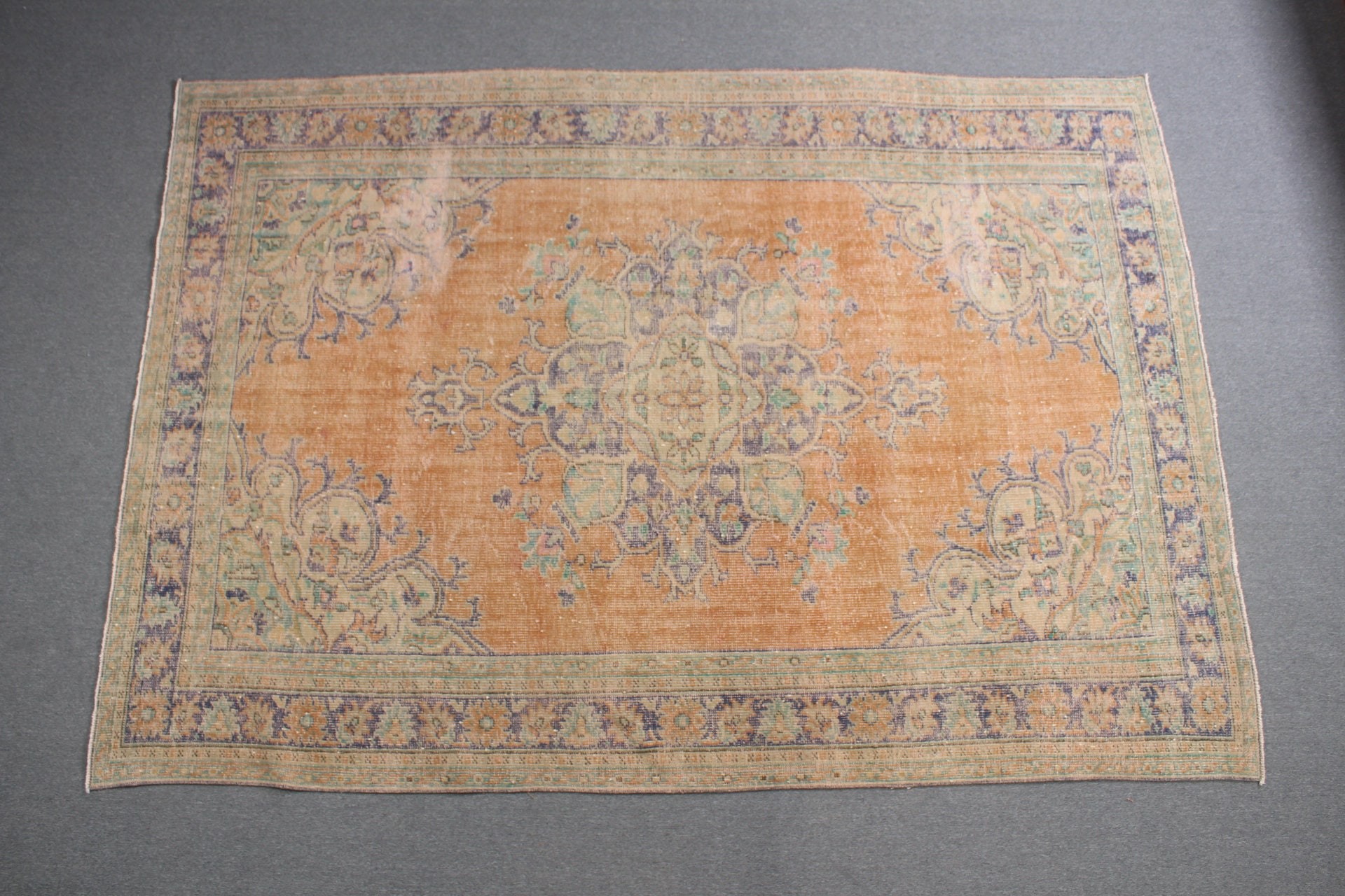 Oturma Odası Halısı, Turuncu 6.9x10.3 ft Büyük Boy Halılar, Yemek Odası Halısı, Vintage Halılar, Oushak Halısı, Ev Dekorasyonu Halısı, Türk Halıları