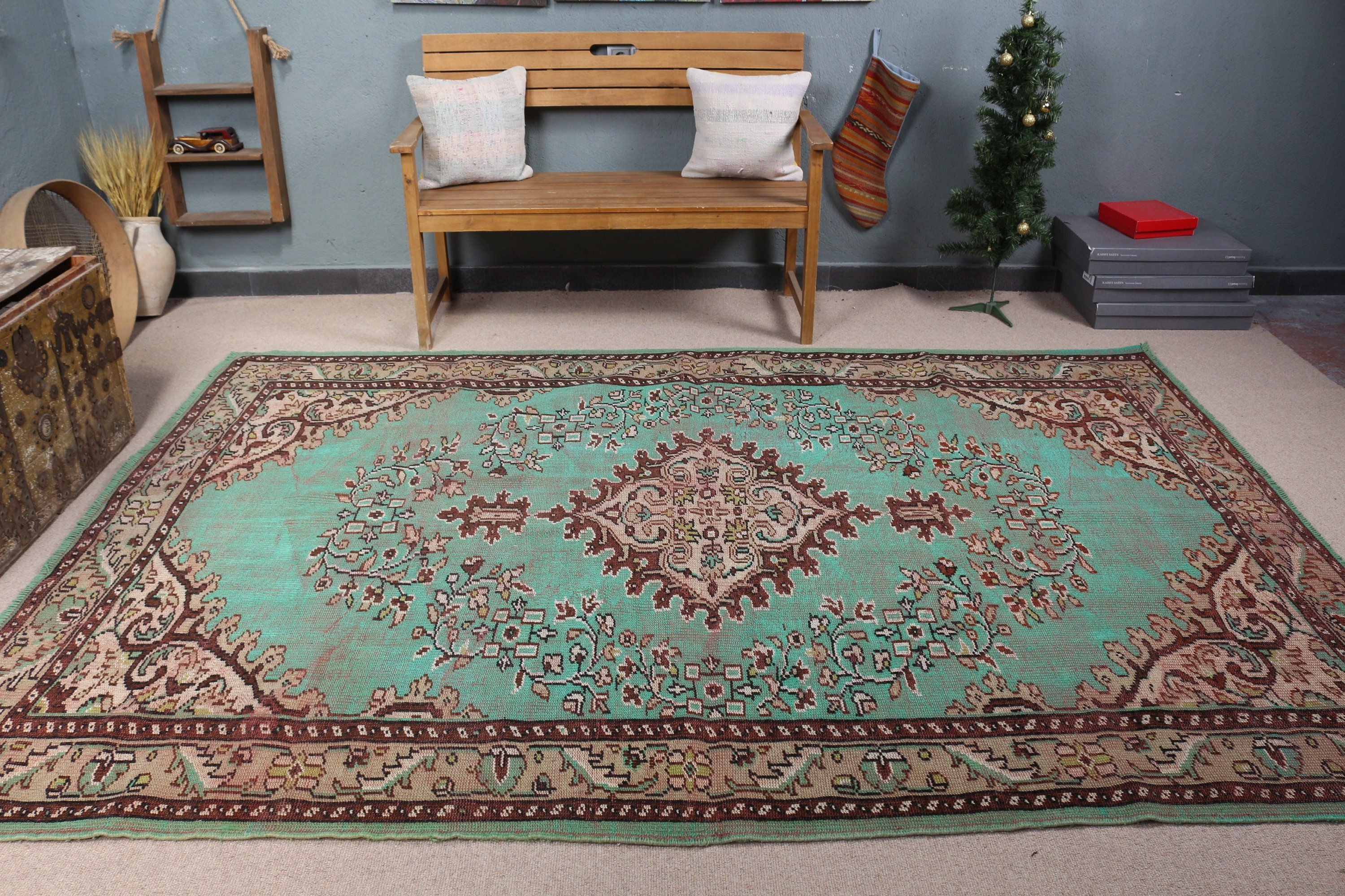 Turkish Rugs, Salon Rugs, Green Wool Rug, Dining Room Rugs, Moroccan Rugs, 6.5x9.5 ft Large Rug, Oriental Rug, Vintage Rugs, Pale Rug