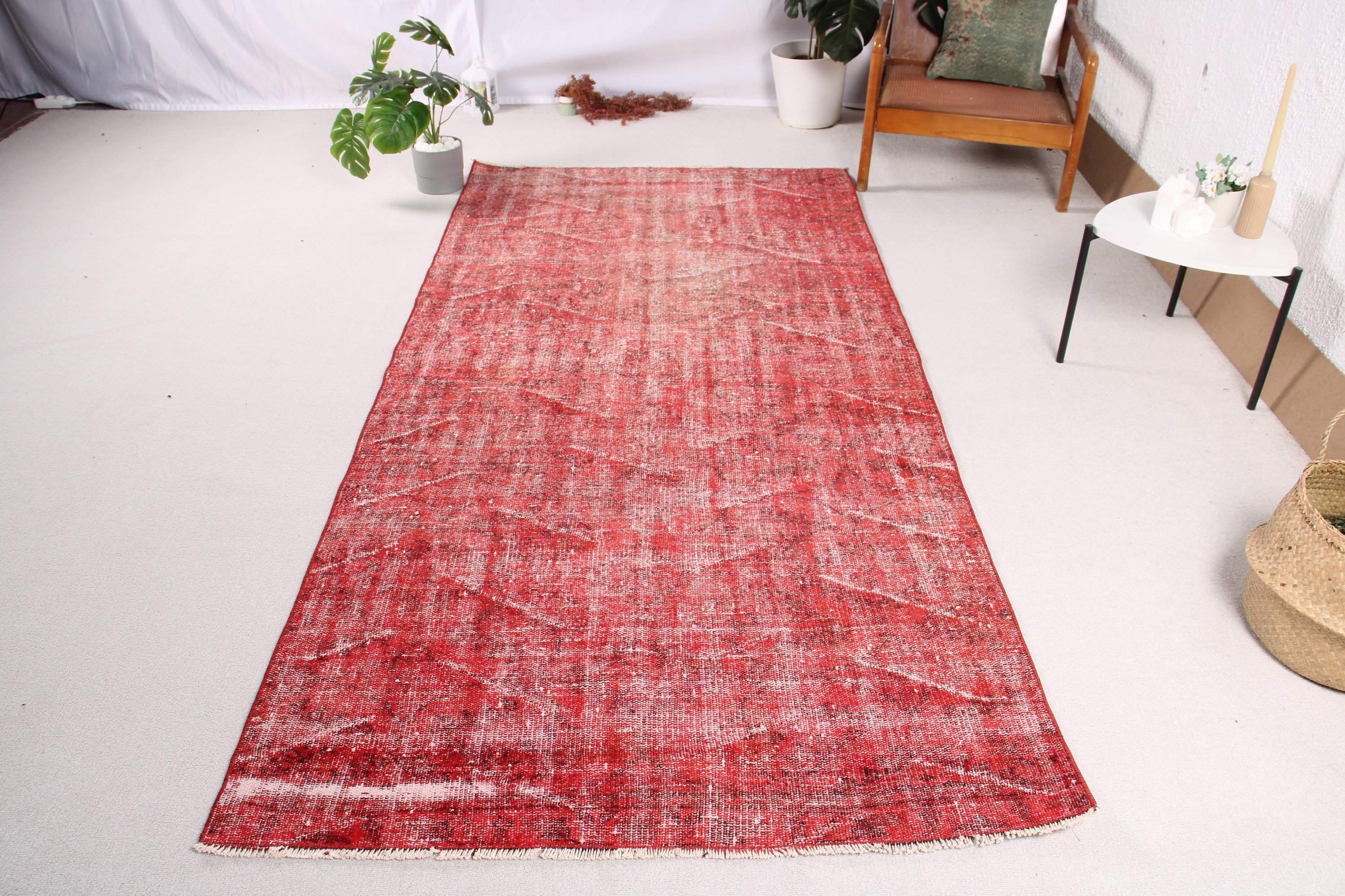 Vintage Halılar, 4.2x8.6 ft Alan Halıları, Kırmızı Yün Halı, Vintage Alan Halıları, Türk Halısı, Boho Halıları, Anadolu Halısı, Oushak Bölge Halıları