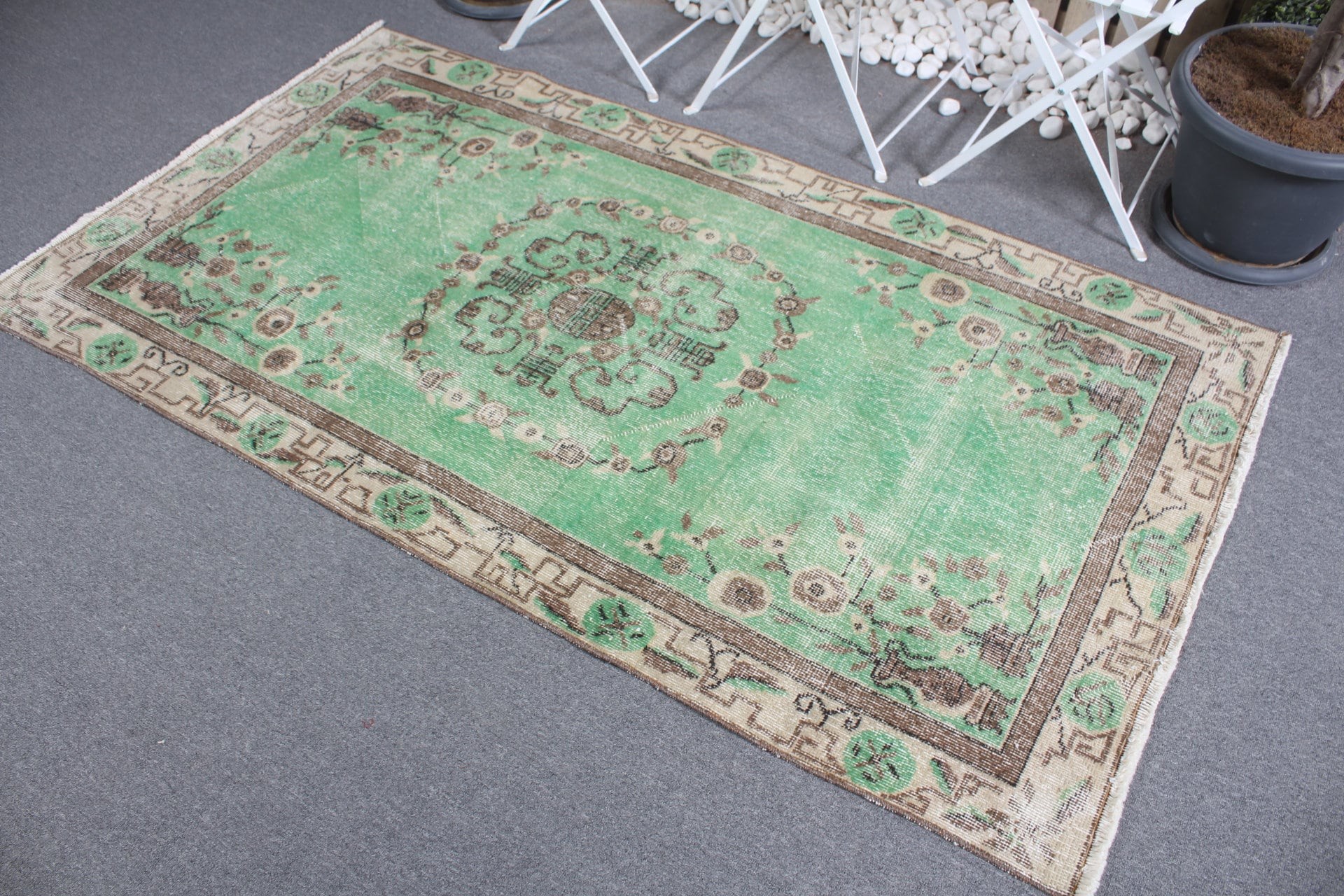 Yeşil Yün Halı, Vintage Halılar, Oushak Halı, Çocuk Halısı, 3,6x6,6 ft Accent Halı, Türk Halıları, Mutfak Halıları, Yer Halısı, Giriş Halıları