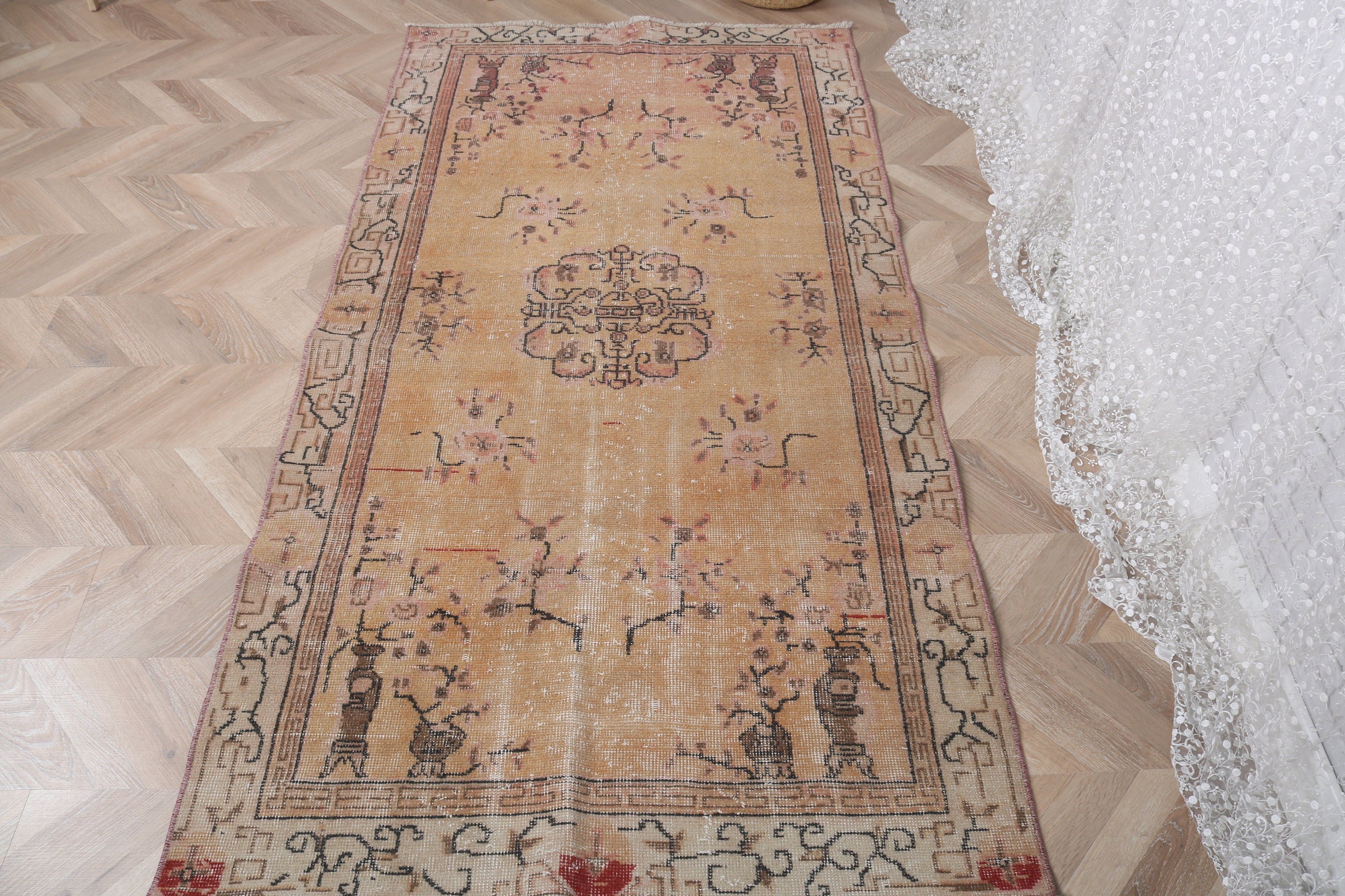 Giriş Halısı, Vintage Vurgulu Halılar, Vintage Halılar, Boho Halı, 3,5x6,8 ft Aksanlı Halılar, Türk Halıları, Sarı Geometrik Halılar