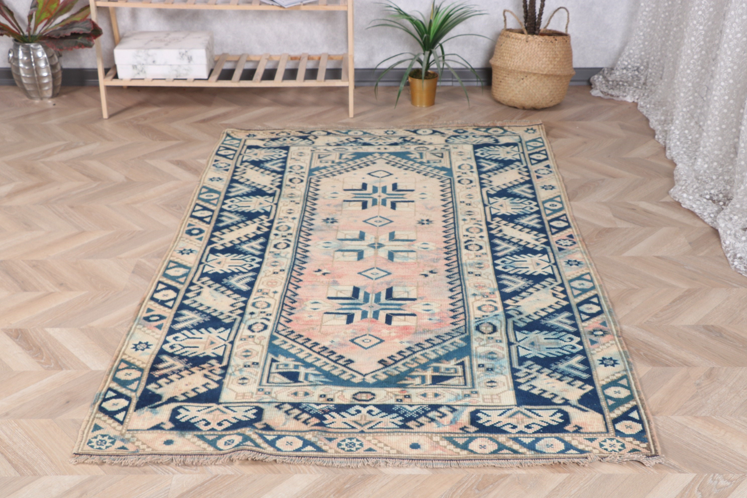 Living Room Rugs, Turkish Rug, Aztec Rug, Vintage Rugs, Home Decor Rugs, Blue Cool Rugs, 4.2x6.4 ft Area Rugs, Vintage Area Rug, Boho Rugs