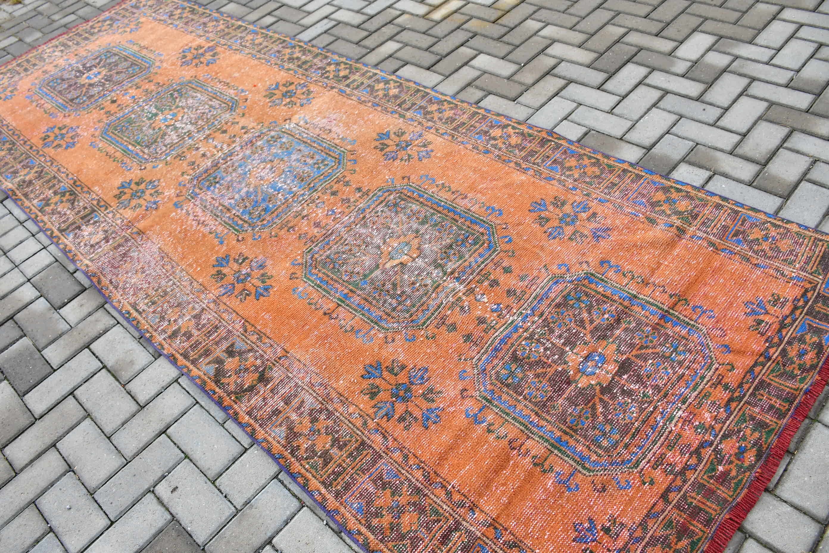 Türk Halıları, Koridor Halısı, Mutfak Halısı, Soğuk Halı, 4,3x11,6 ft Runner Halısı, Vintage Halı, Turuncu Soğuk Halılar, Runner Halıları, Retro Halılar