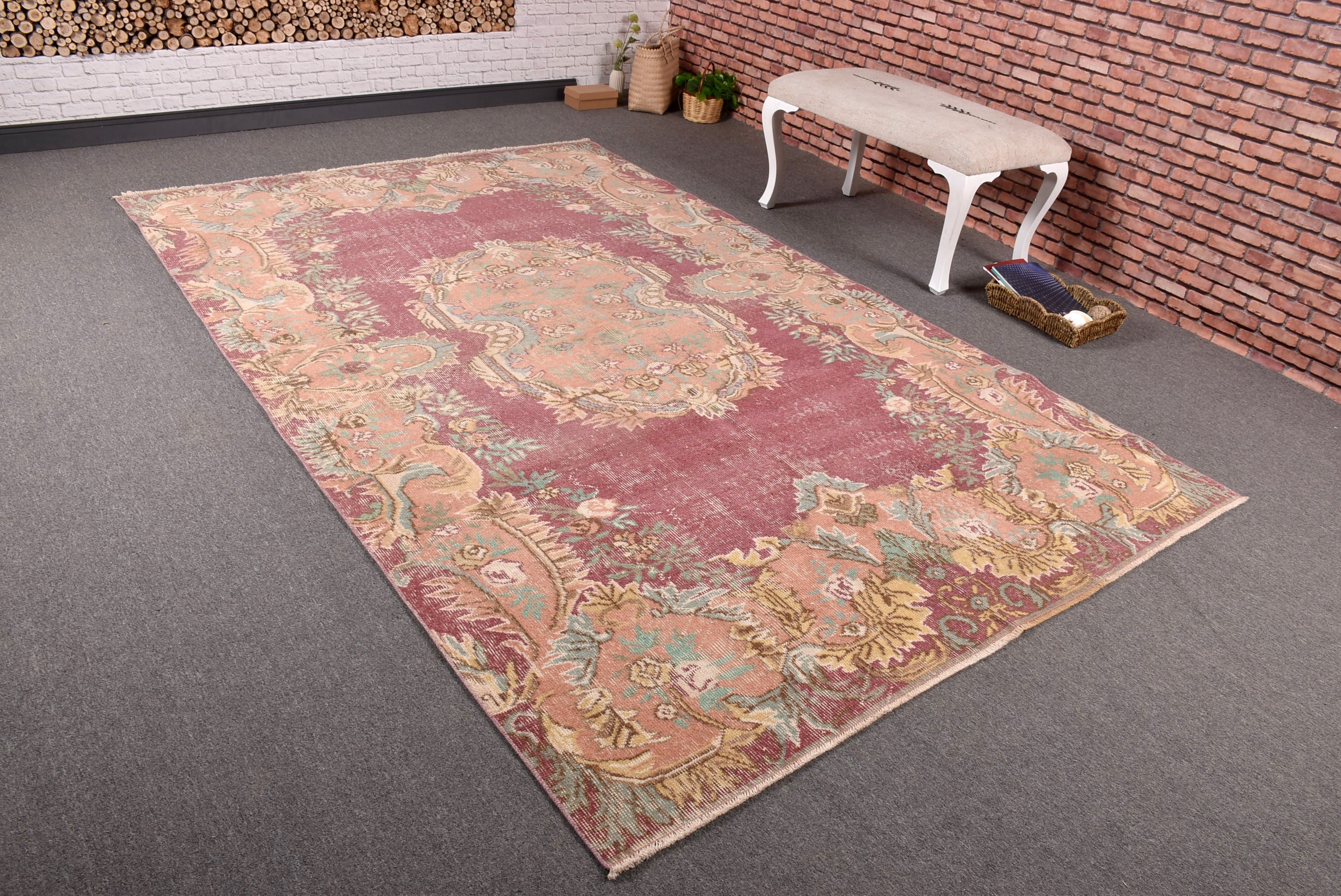 Vintage Halılar, Yemek Odası Halısı, 5.9x9.5 ft Büyük Halı, Türk Halıları, Büyük Oushak Halısı, Pembe Oushak Halıları, Geometrik Halı, Fas Halısı