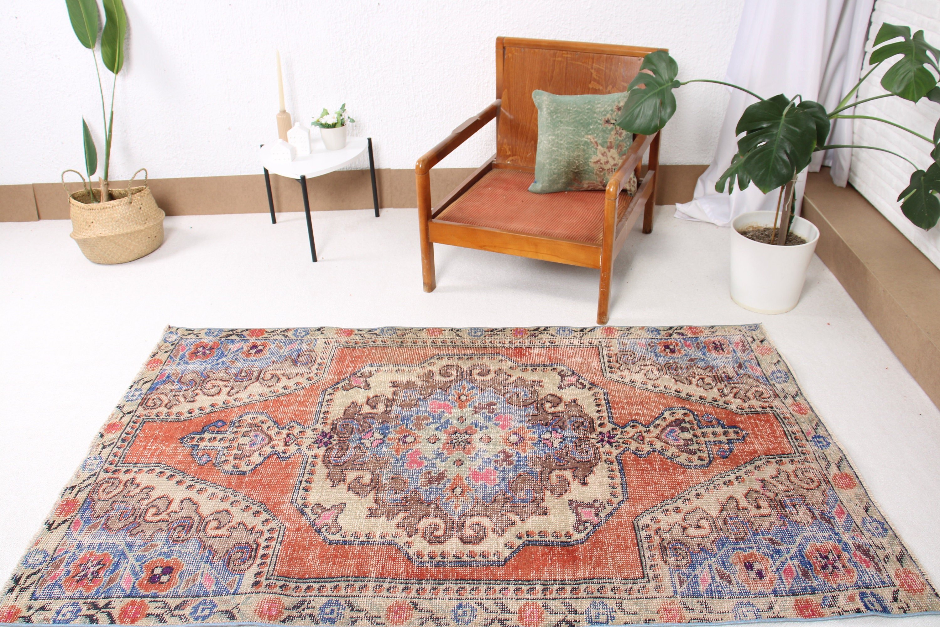 Oushak Bölge Halıları, Kırmızı Geometrik Halı, Etnik Halı, 3,9x6,6 ft Alan Halısı, Türk Halısı, Vintage Halılar, Yer Halıları, Boho Bölge Halıları, Anadolu Halıları