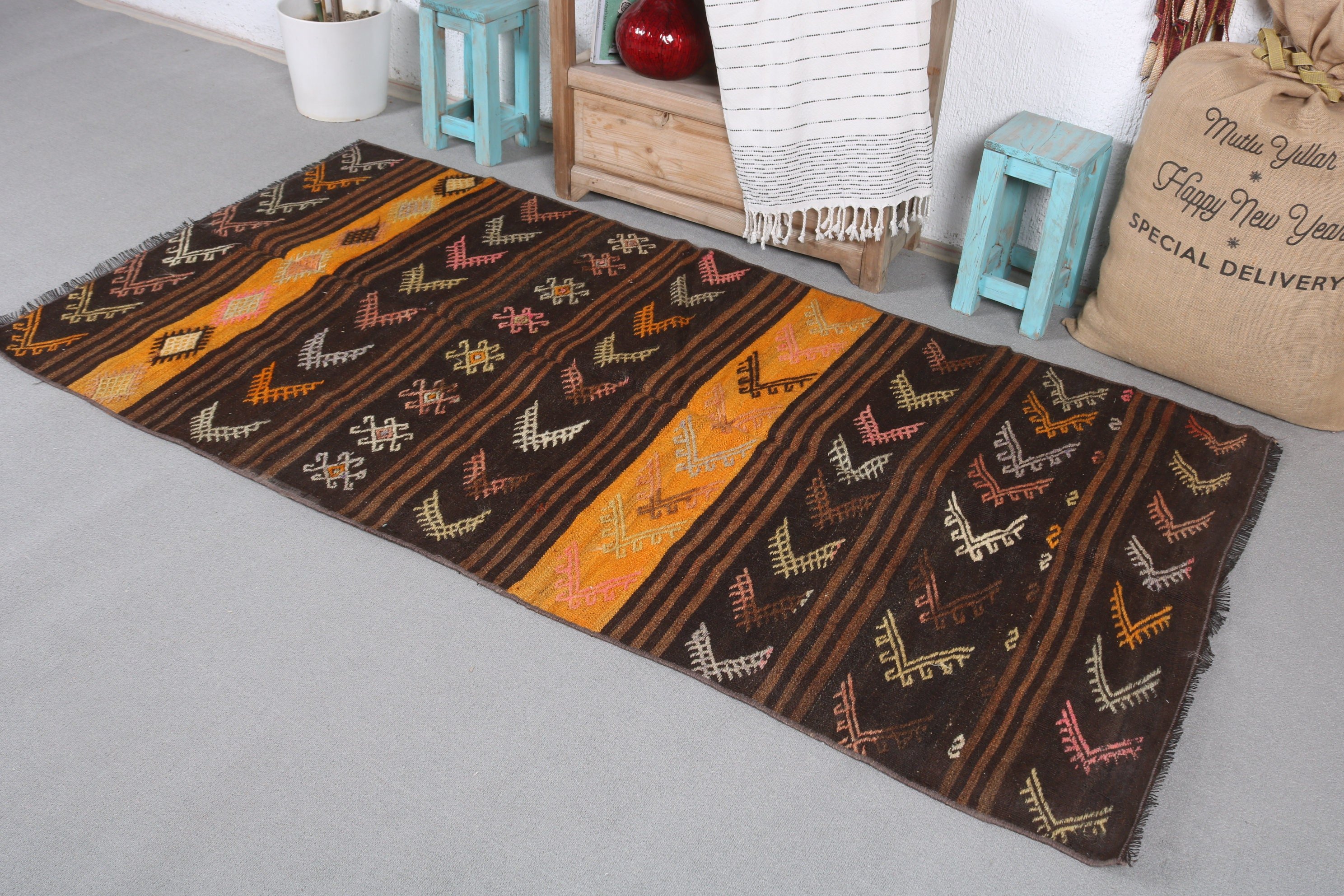 Living Room Rugs, Kitchen Rugs, Oushak Rug, Floor Rug, Pastel Rug, Brown Anatolian Rug, Vintage Rug, Kilim, 3.6x7 ft Area Rugs, Turkish Rug