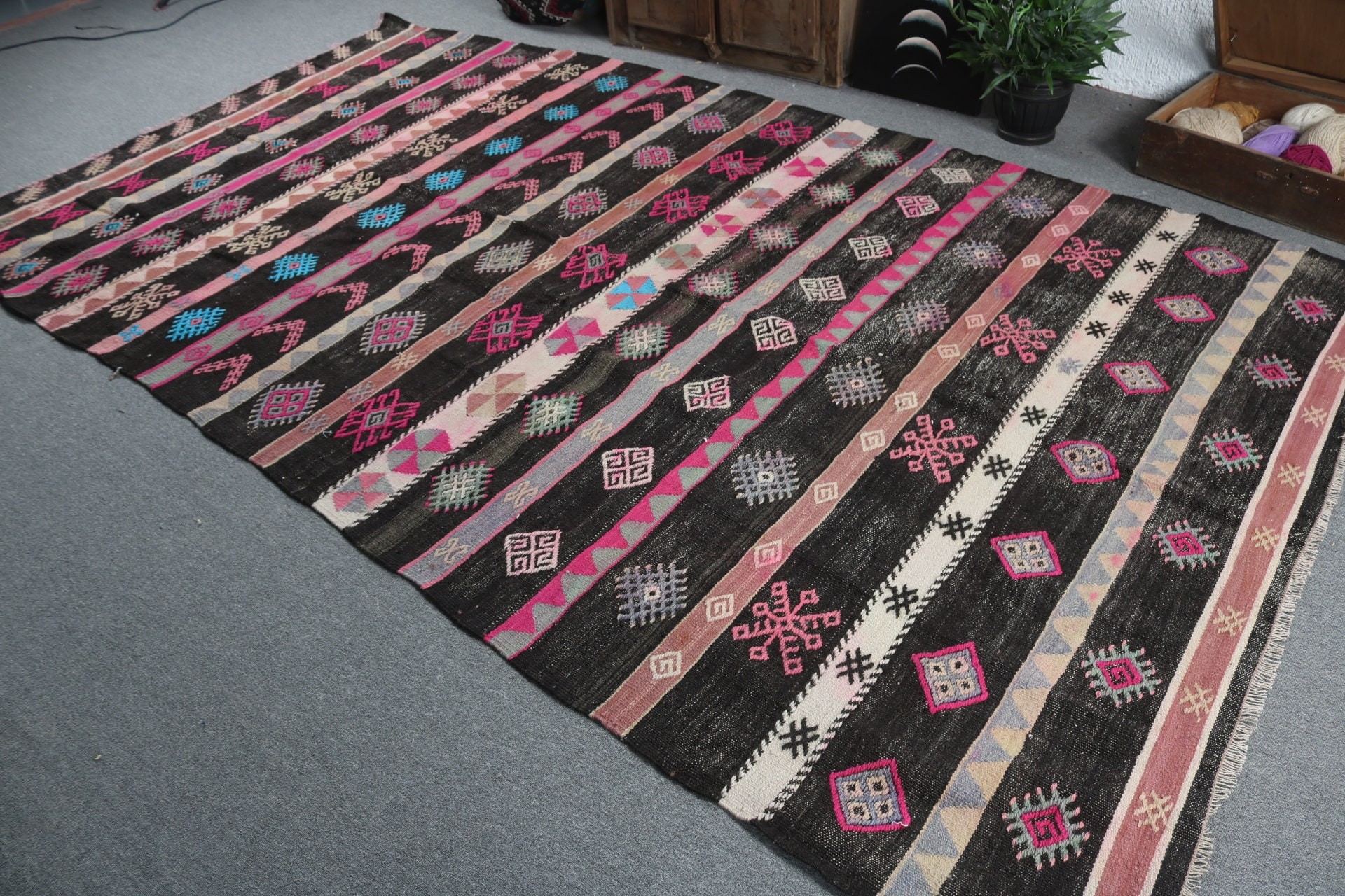 Siyah Yer Halıları, Büyük Vintage Halılar, Kilim, Anadolu Halısı, Yatak Odası Halıları, 6.2x11 ft Büyük Halı, Vintage Halı, Türk Halıları