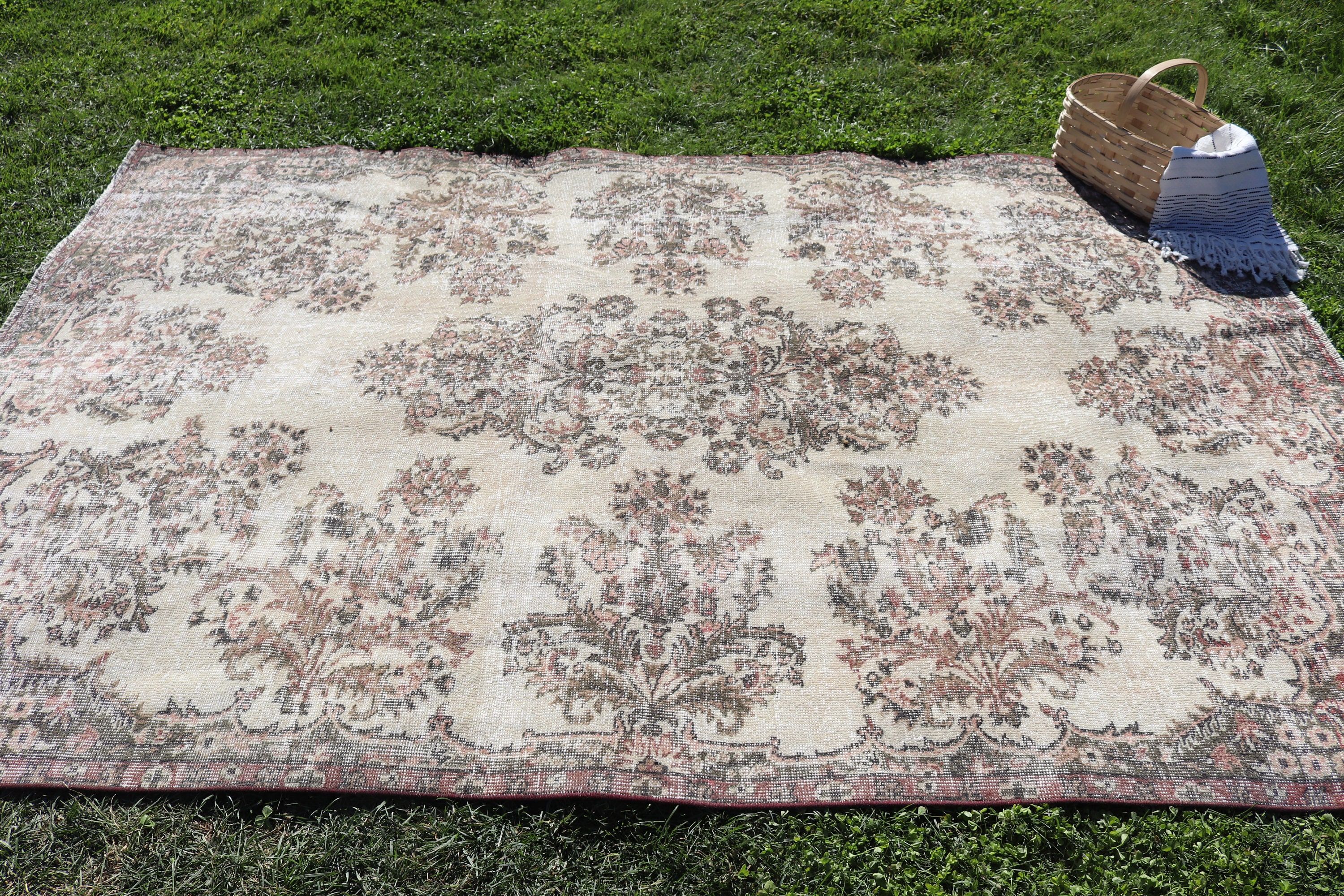 Mutfak Halıları, Türk Halısı, Bej Yün Halılar, Etnik Halılar, Vintage Halılar, Yatak Odası Halısı, 5.5x8.7 ft Büyük Halı, Büyük Oushak Halıları