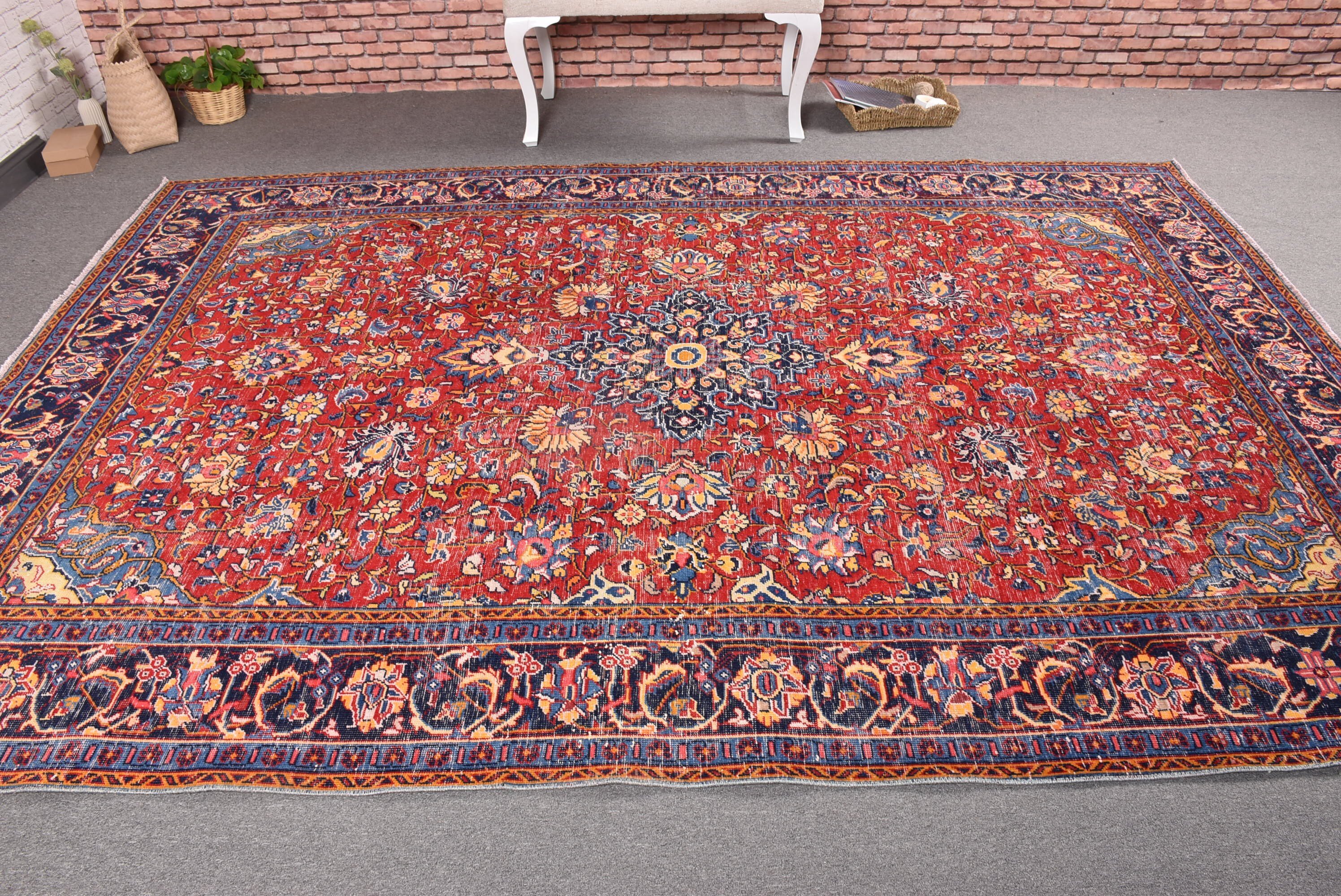 Türk Halısı, Büyük Oushak Halıları, Mutfak Halıları, Kırmızı El Dokuma Halısı, 6.9x9.8 ft Büyük Halıları, Oturma Odası Halısı, Vintage Halı, El Dokuma Halısı