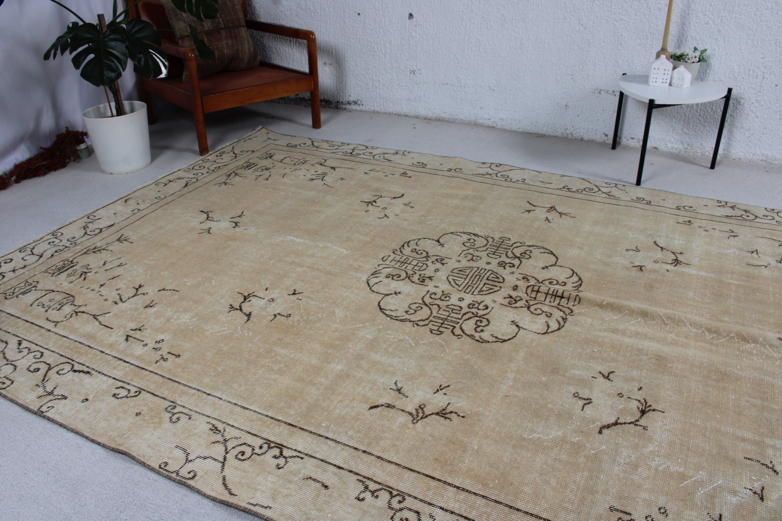 Büyük Vintage Halılar, Bej İfade Halıları, Yer Halısı, Geometrik Halı, Vintage Halılar, Türk Halısı, 6.6x9.9 ft Büyük Halı, Büyük Oushak Halı