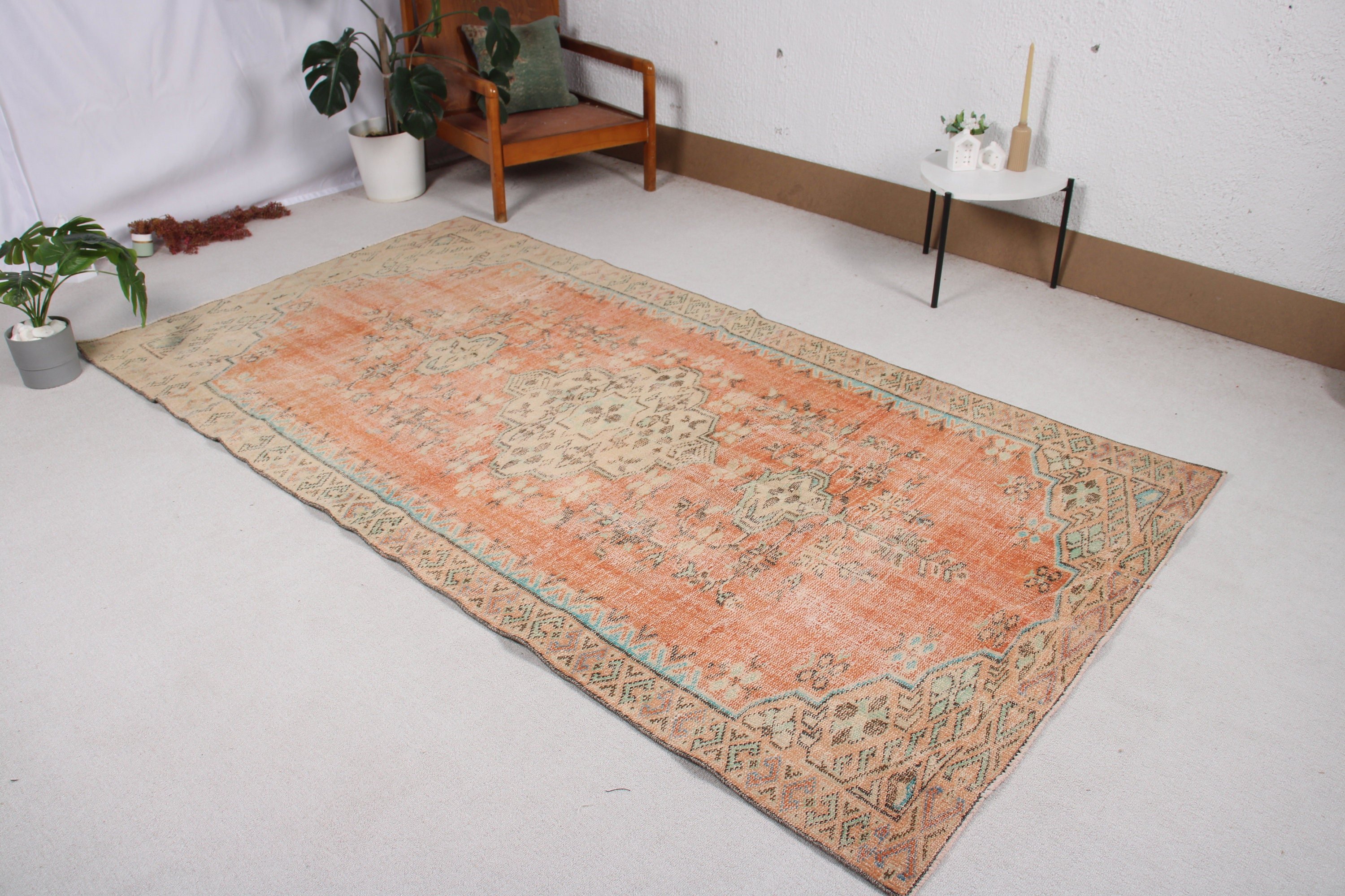 Anadolu Halıları, Büyük Vintage Halı, 4,7x8,8 ft Büyük Halılar, Vintage Halılar, El Dokuma Halı, Türk Halıları, Yemek Odası Halısı, Turuncu Soğuk Halılar