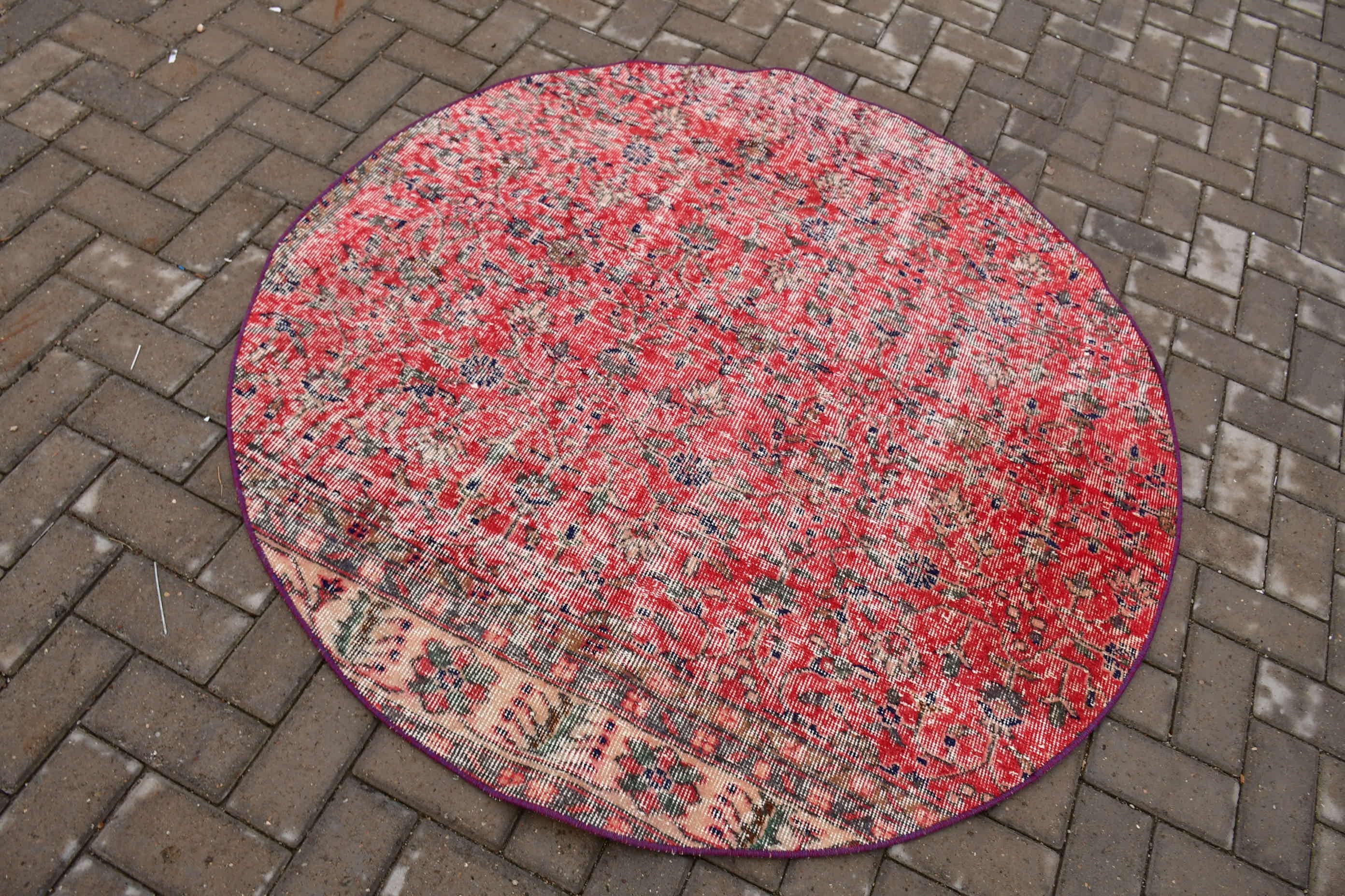 Entry Rug, 4.8x4.8 ft Accent Rug, Pale Rug, Turkish Rug, Oushak Rug, Red Oushak Rug, Vintage Rug, Bedroom Rug, Rugs for Entry, Floor Rug