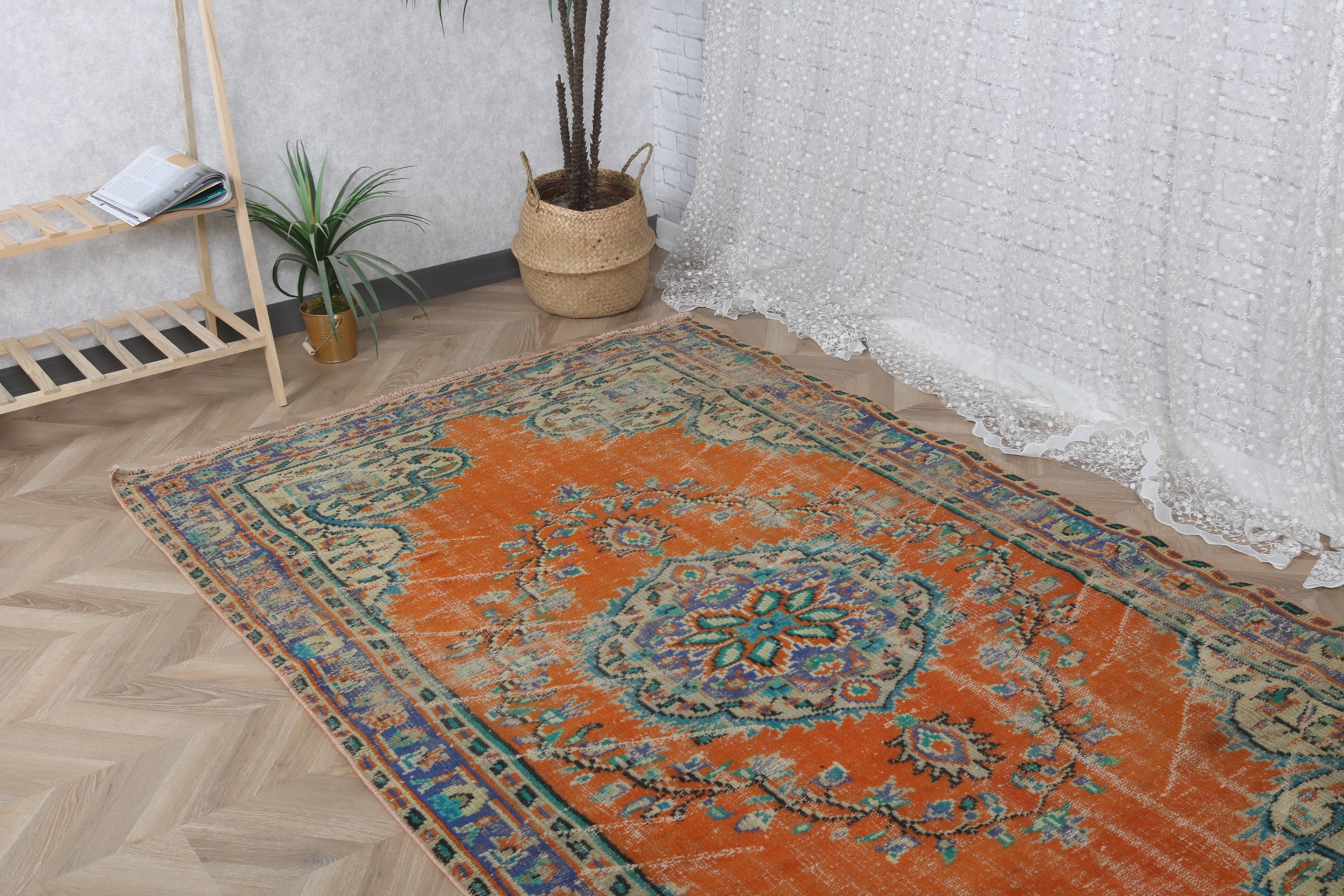 Yatak Odası Halısı, Yer Halısı, Vintage Halı, Türk Halısı, Turuncu 4.7x7.8 ft Alan Halısı, Oturma Odası Halıları, Oryantal Halı, Ev Dekorasyonu Halısı