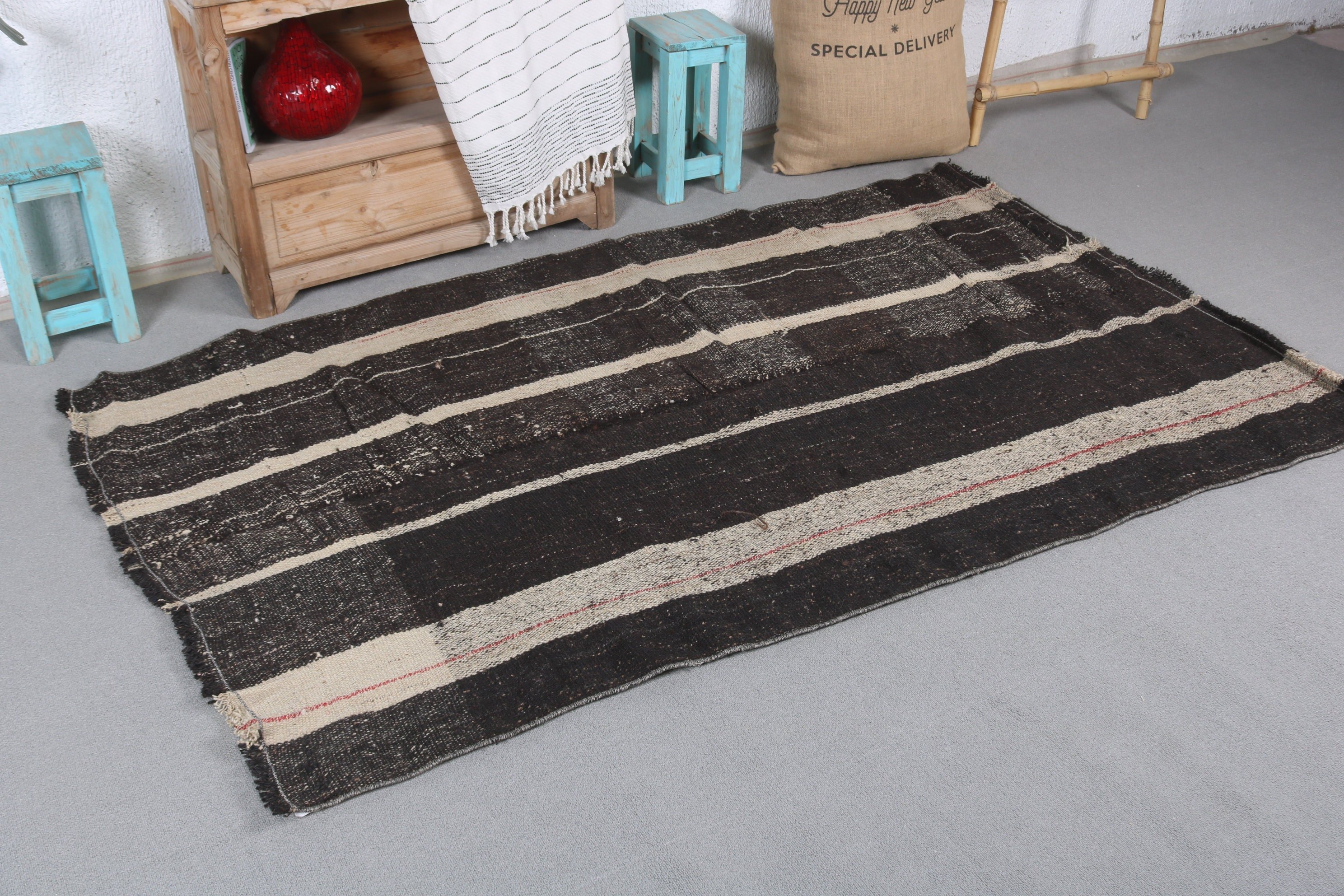 Vintage Rug, Black Moroccan Rug, Anatolian Rugs, Kilim, Muted Rug, Nursery Rugs, 3.7x6.6 ft Area Rugs, Turkish Rug, Kitchen Rugs, Floor Rug