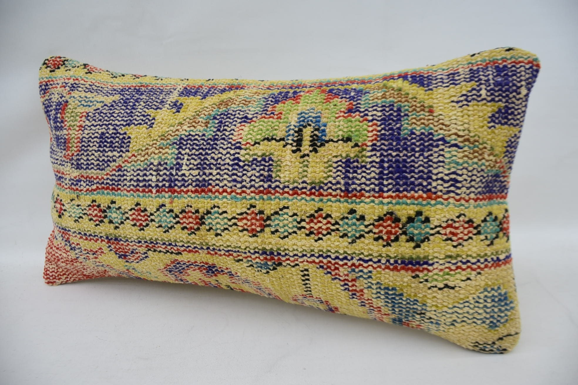 Vintage Kilim Pillow, Bright Pillow Sham, 12"x24" Yellow Pillow Sham, Kilim Cushion Sham, Vintage Kilim Throw Pillow, Bench Cushion Cover