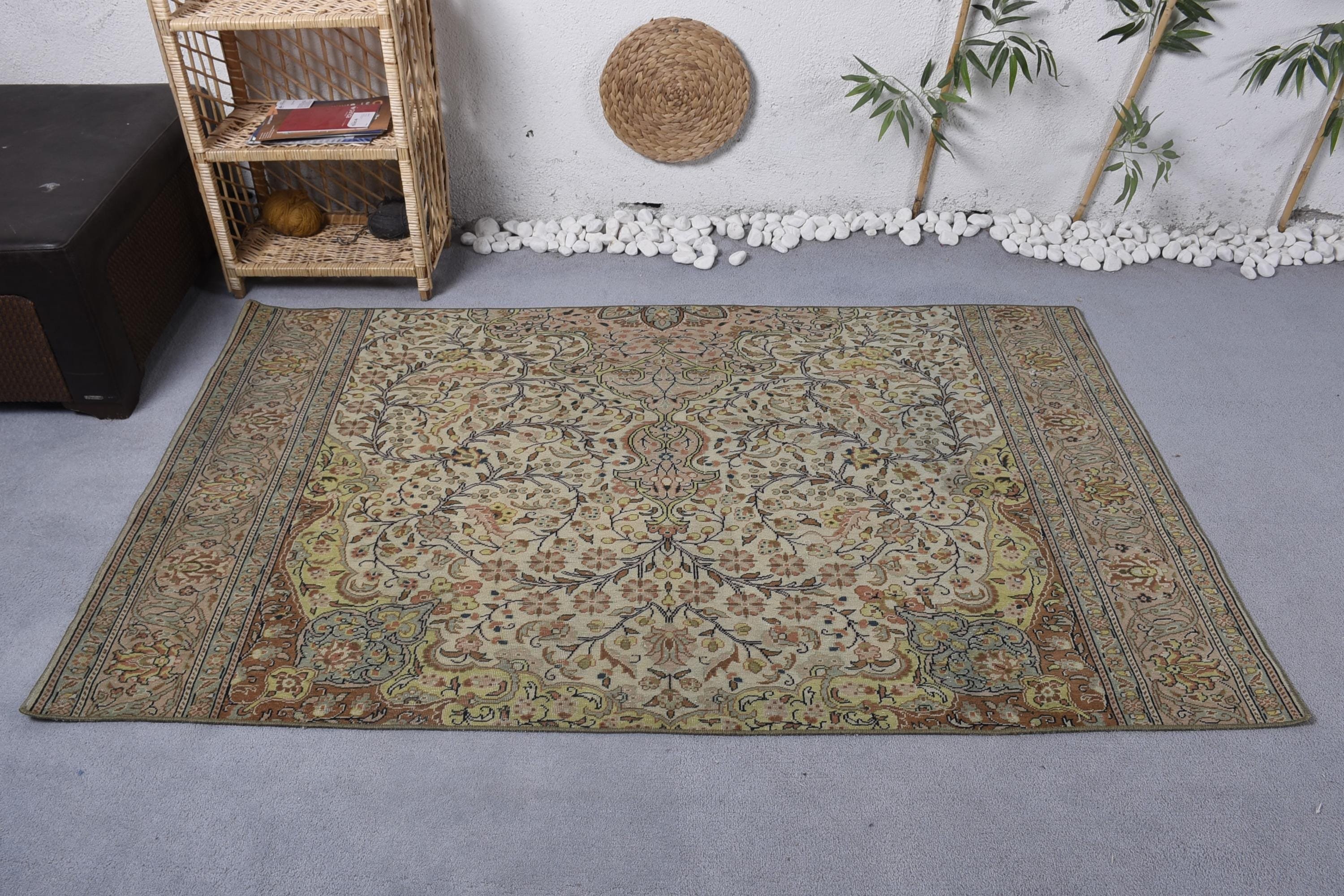 Bohem Halı, Modern Halılar, Lüks Halı, 3,9x6,5 ft Alan Halısı, Boho Alan Halısı, Yeşil Oryantal Halı, Oushak Alan Halıları, Vintage Halı, Türk Halısı