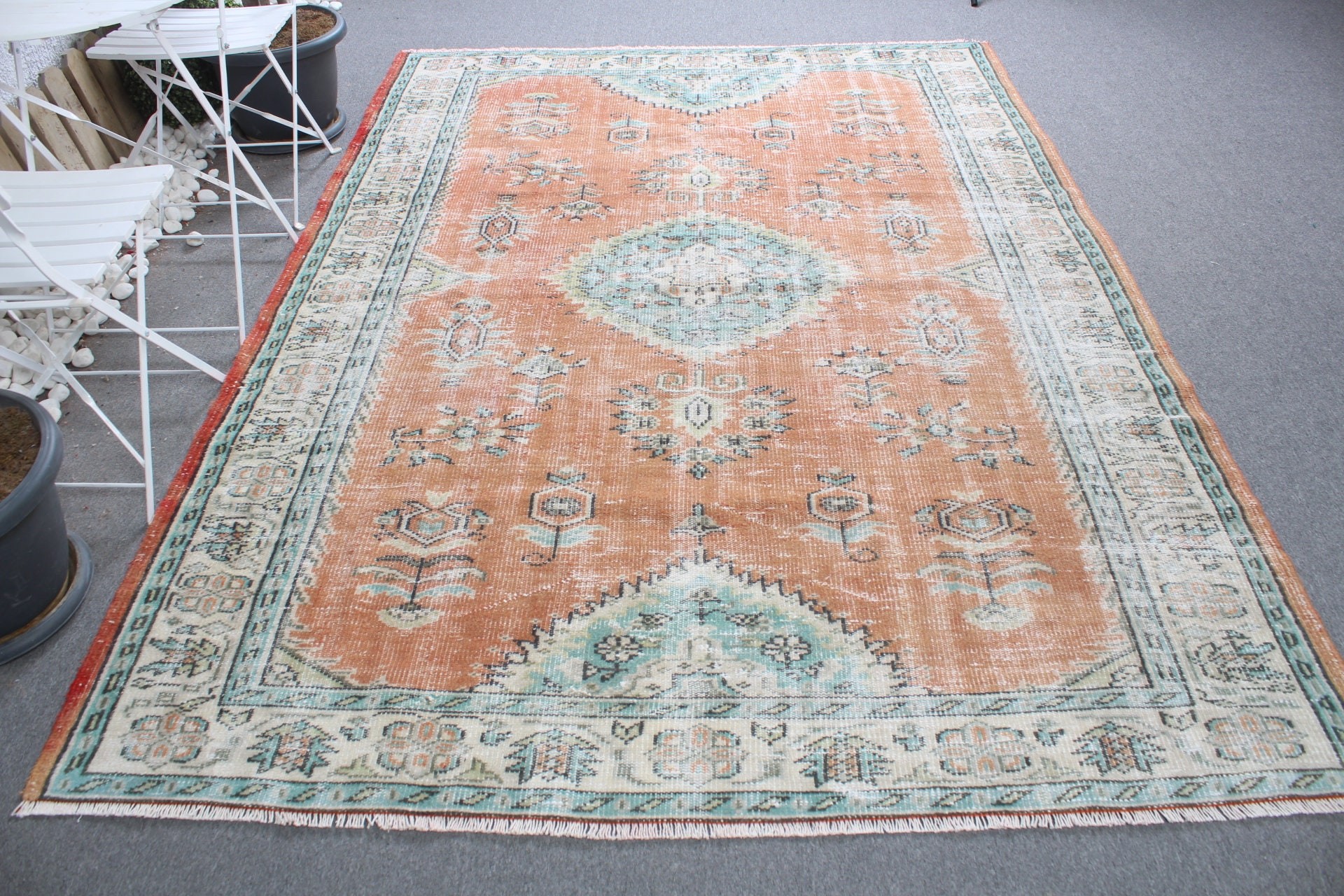 Salon Halıları, Oryantal Halı, Yemek Odası Halıları, Türk Halıları, 6,3x8,8 ft Büyük Halı, Eski Halılar, Fas Halısı, Vintage Halı, Turuncu Yün Halı