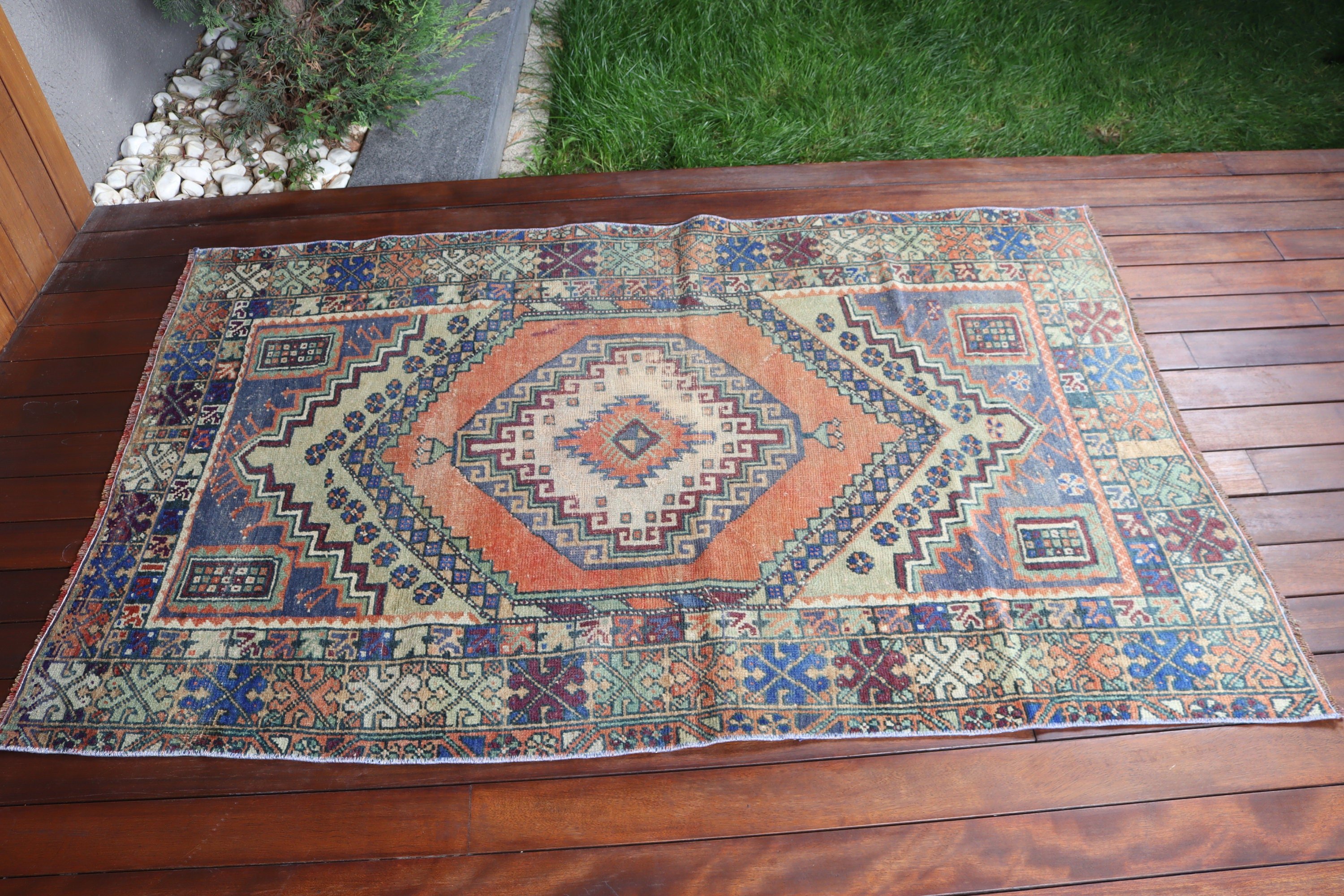 Yer Halısı, Yün Halılar, Türk Halıları, 3,6x5,7 ft Vurgulu Halılar, Boho Vurgulu Halı, Giriş Halıları, Turuncu Geometrik Halılar, Vintage Halı, Açıklama Halıları