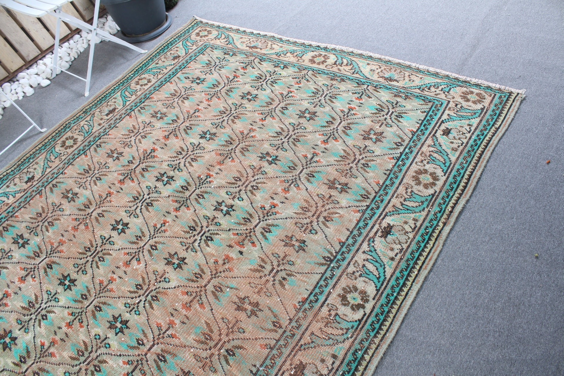 Yemek Odası Halıları, Türk Halıları, Oushak Halıları, Yeşil Oryantal Halı, Oturma Odası Halısı, 6.1x8.9 ft Büyük Halı, Vintage Halılar, Yatak Odası Halısı, Eski Halılar