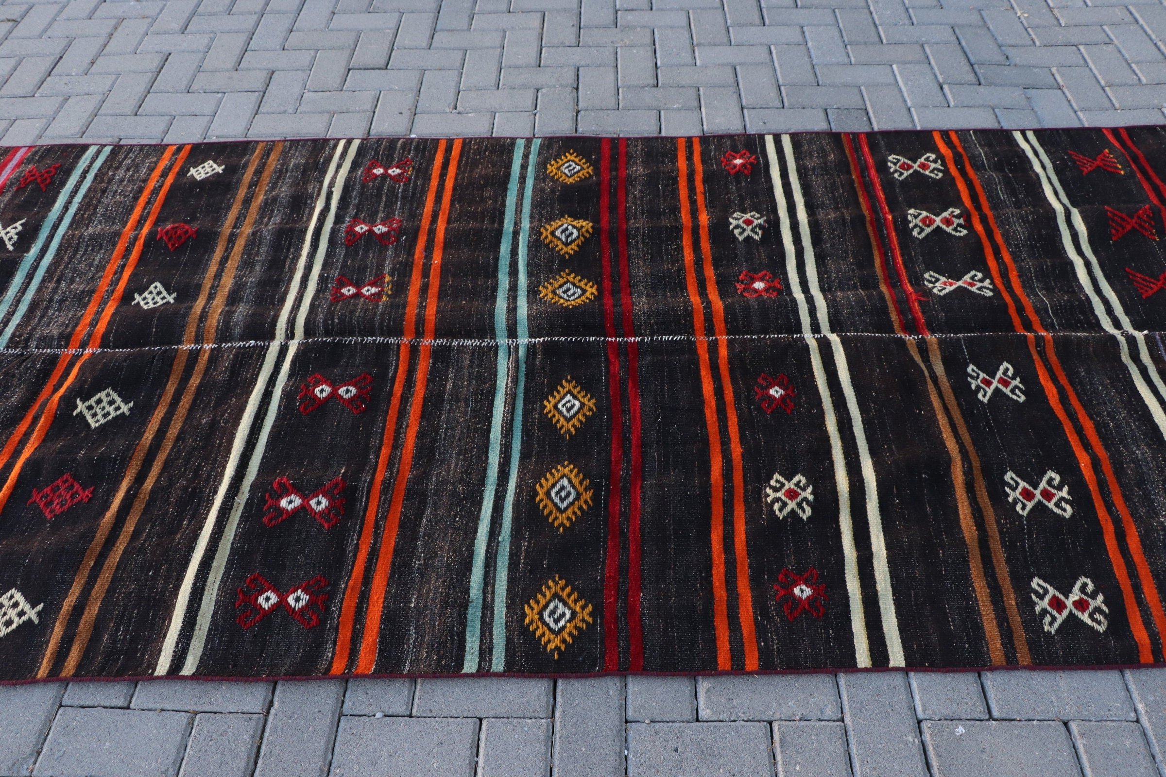 Vintage Rug, Oushak Rug, 4.4x10.5 ft Large Rug, Turkish Rug, Rugs for Salon, Bedroom Rug, Custom Rug, Salon Rug, Black Cool Rug, Kilim