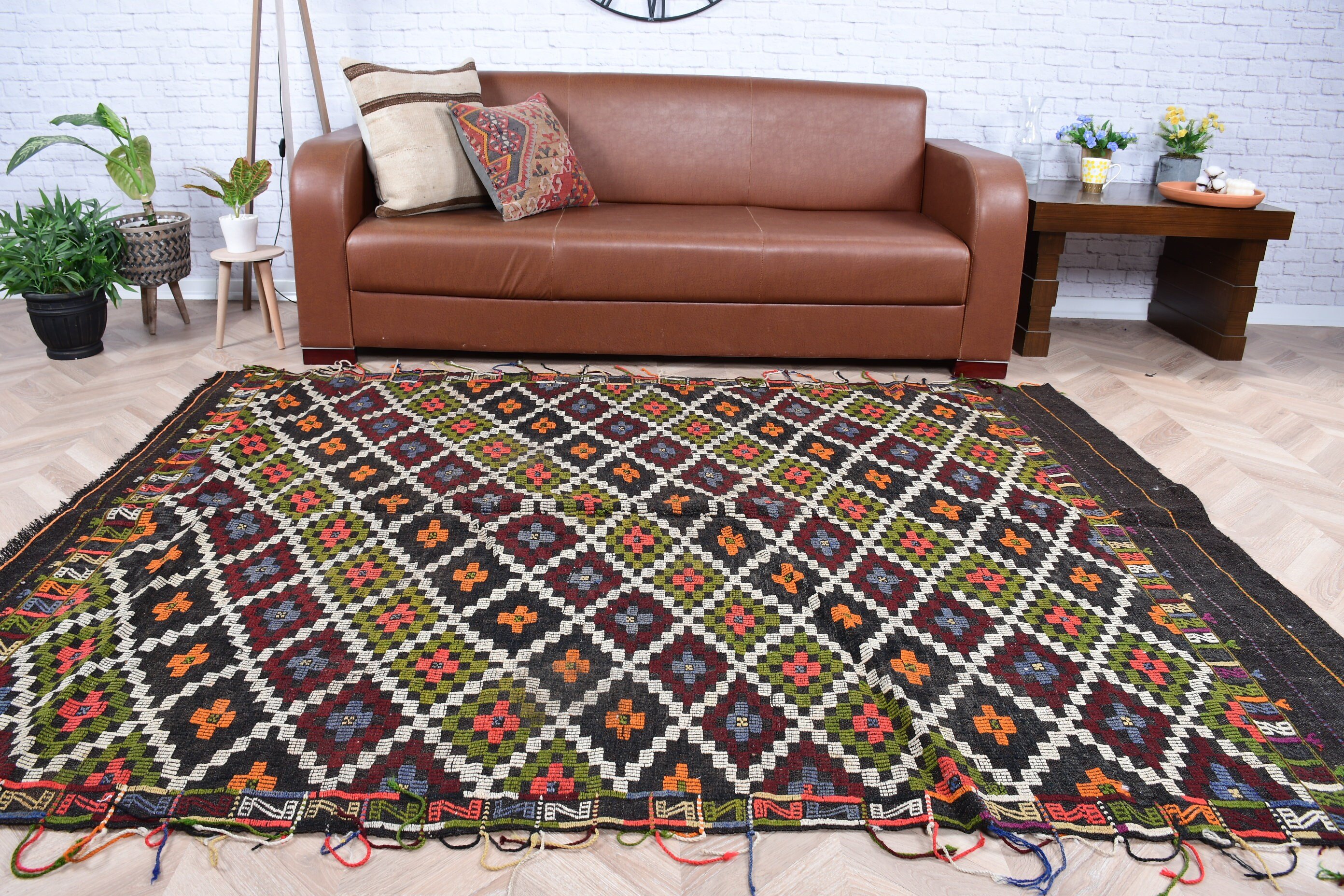 Kilim, Yemek Odası Halıları, Vintage Halı, Anadolu Halısı, Siyah Soğuk Halılar, Soğuk Halı, Türk Halısı, Göçebe Halısı, 5,7x7,4 ft Büyük Halı, Yatak Odası Halısı