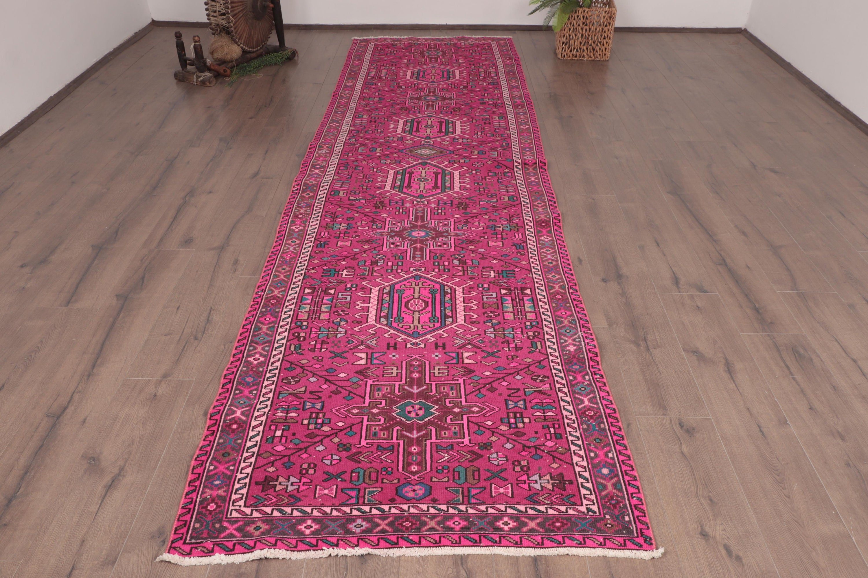 3.3x12.5 ft Runner Rug, Boho Rug, Long Runner Rugs, Pink Moroccan Rugs, Corridor Rug, Turkish Rugs, Antique Rug, Vintage Rug, Bedroom Rugs