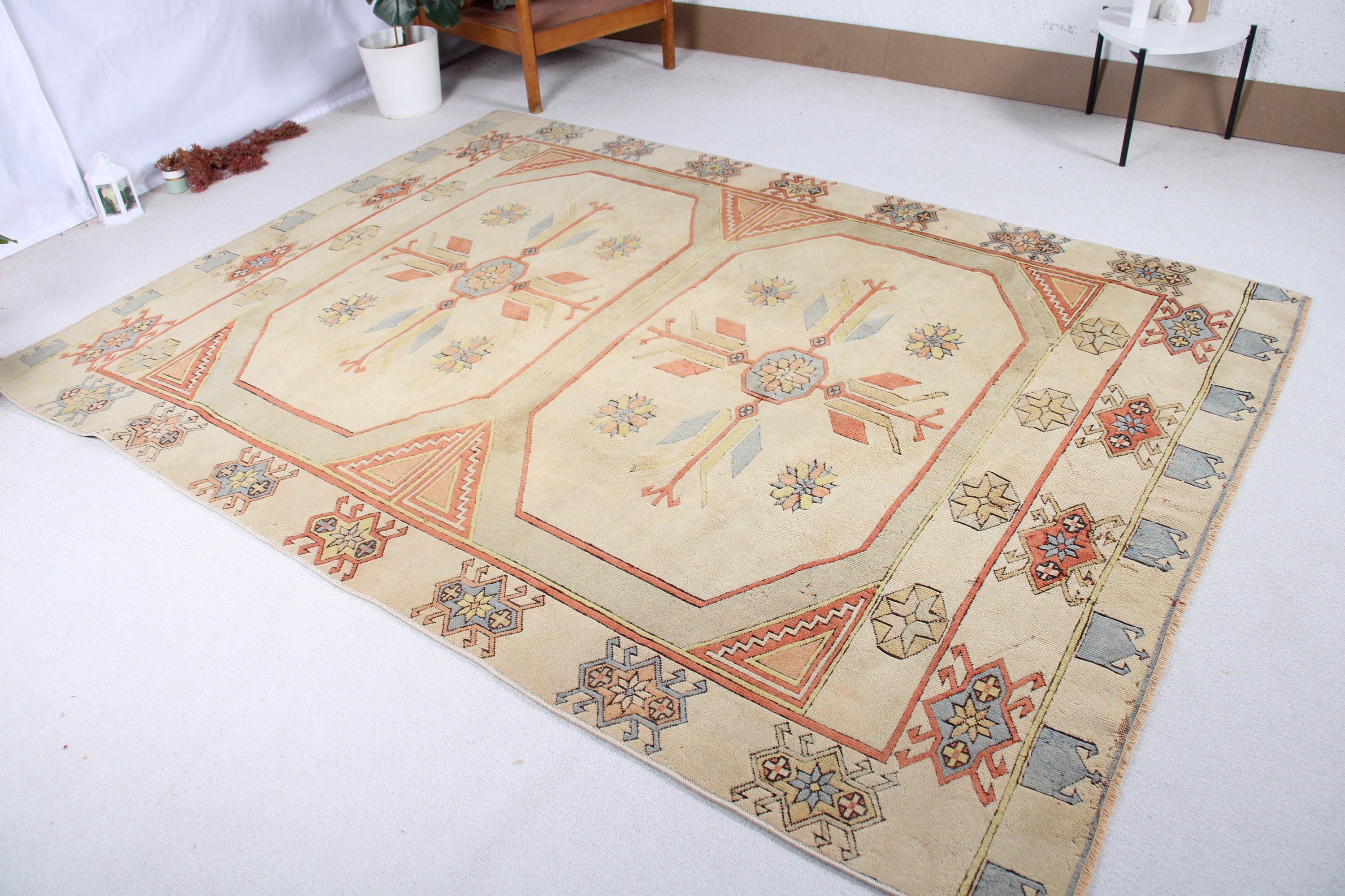 Antique Rugs, Vintage Rug, Turkish Rugs, 6.3x8.8 ft Large Rugs, Beige Oushak Rug, Floor Rugs, Dining Room Rug, Boho Rug, Bedroom Rugs