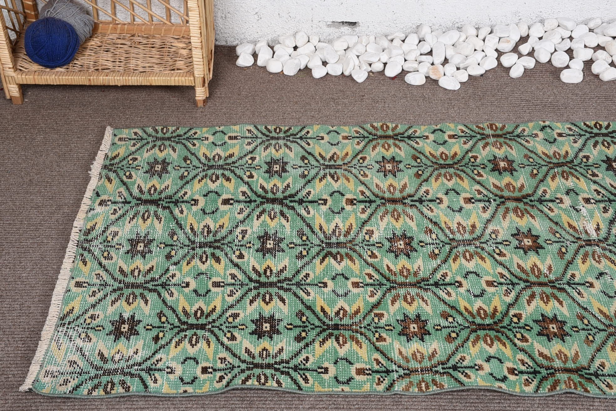 Türk Halısı, Vintage Vurgulu Halılar, Yeşil Zemin Halısı, Vintage Halı, 2,9x6,5 ft Vurgulu Halılar, Havalı Halı, El Dokuma Halı, Dekoratif Halılar, Boho Halılar