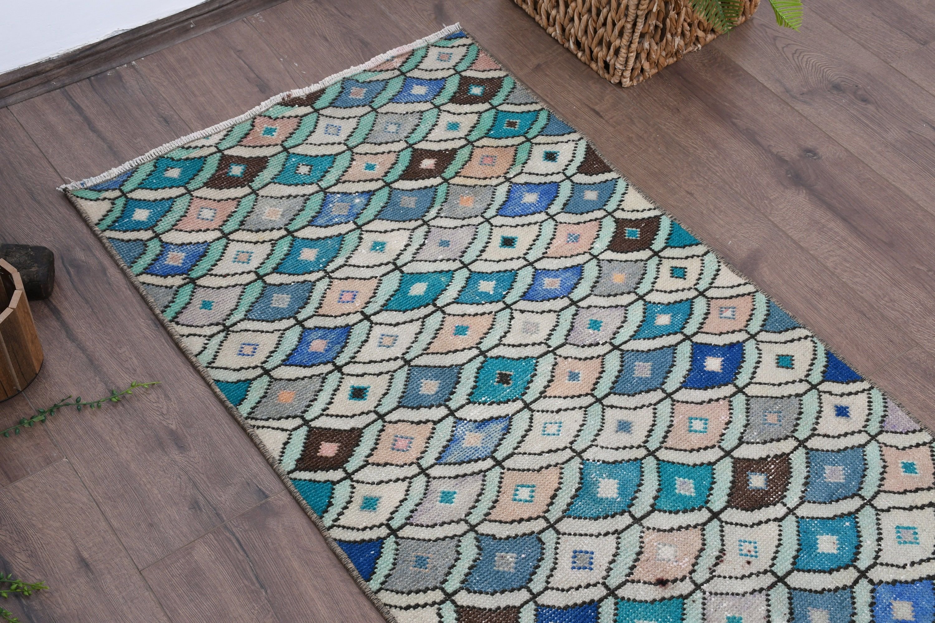 Bedroom Rug, Oushak Rug, 2.2x3.9 ft Small Rug, Vintage Rugs, Anatolian Rugs, Turkish Rugs, Kitchen Rug, Rugs for Car Mat, Blue Cool Rug