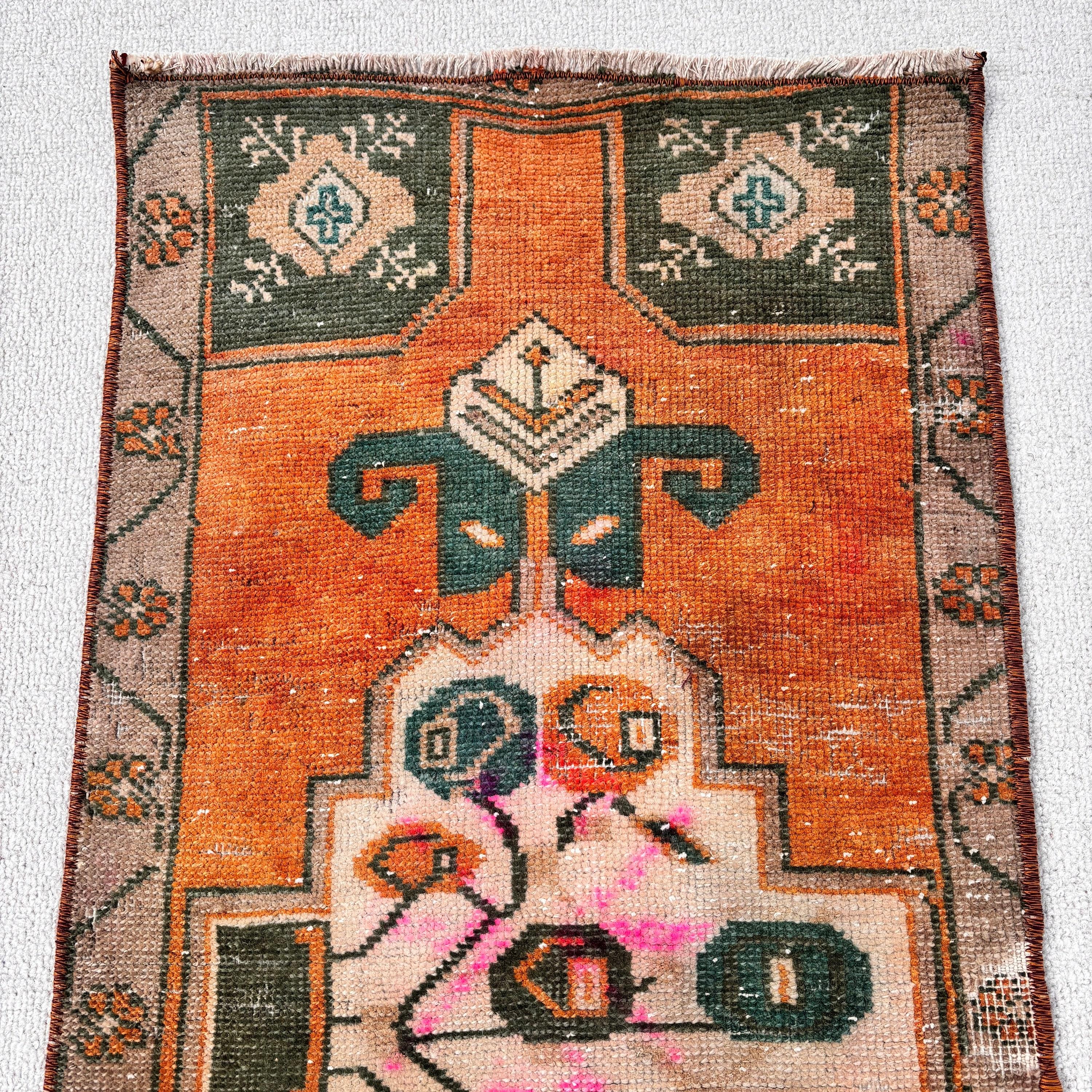 Turuncu Lüks Halılar, 1.4x2.8 ft Küçük Halılar, Küçük Boho Halılar, Küçük Vintage Halı, Vintage Halılar, Türk Halısı, Ev Dekorasyonu Halısı, Oryantal Halı