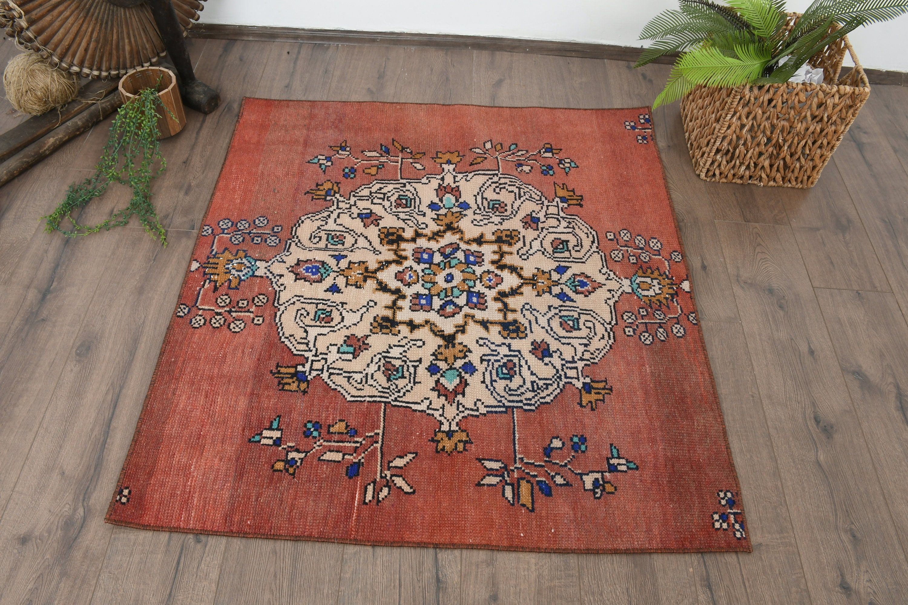 Floor Rugs, Beige  3.5x3.8 ft Small Rug, Turkish Rug, Entry Rugs, Oushak Rug, Rugs for Entry, Vintage Rug, Wall Hanging Rug