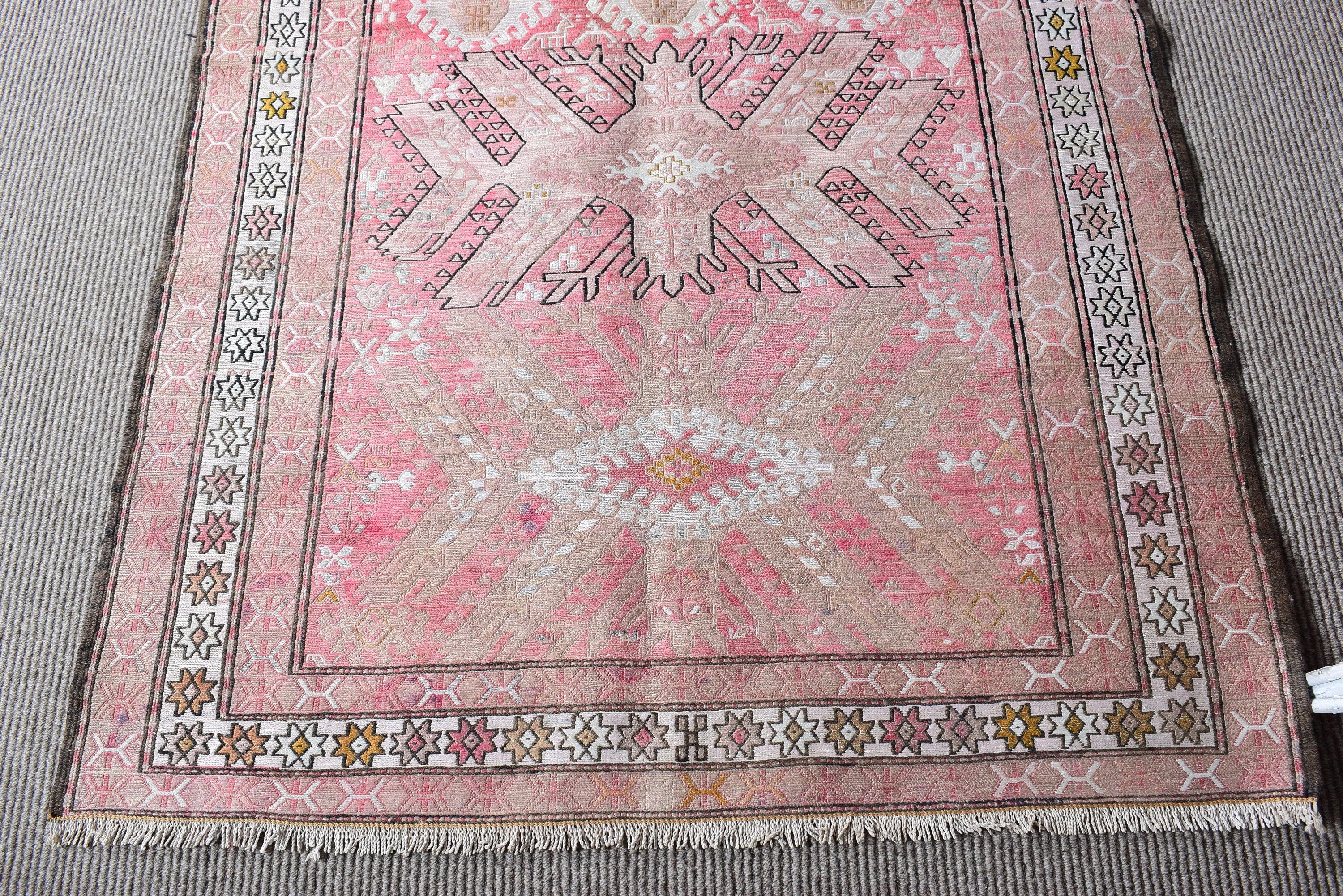 Geometrik Halı, Boho Vurgulu Halılar, Vintage Halı, Boho Vurgulu Halılar, Pembe Açıklama Halısı, Türk Halısı, El Dokuma Halı, 3,3x4,8 ft Vurgulu Halılar