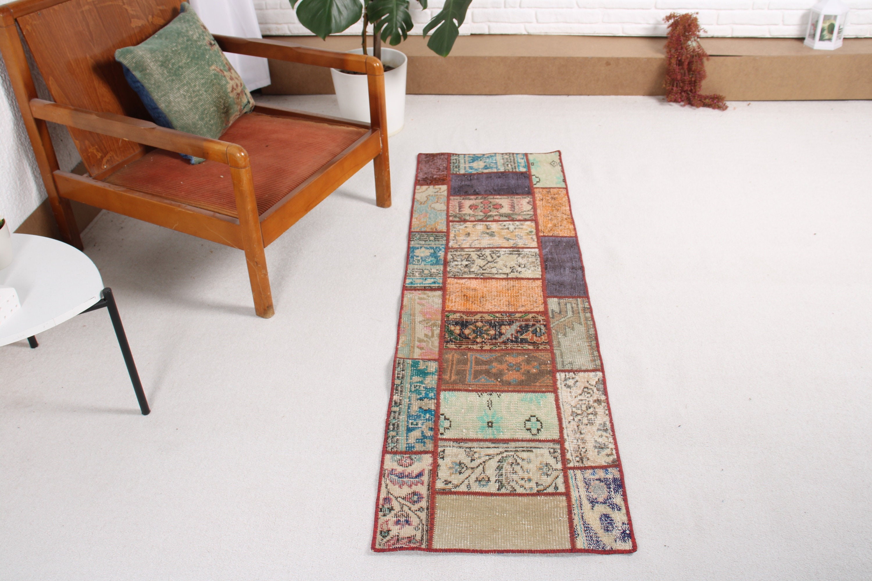 Vintage Runner Halısı, Koridor Halıları, Yeşil Açıklama Halısı, El Dokuma Halıları, Boho Halısı, Vintage Halısı, 1.7x5.5 ft Runner Halıları, Türk Halısı