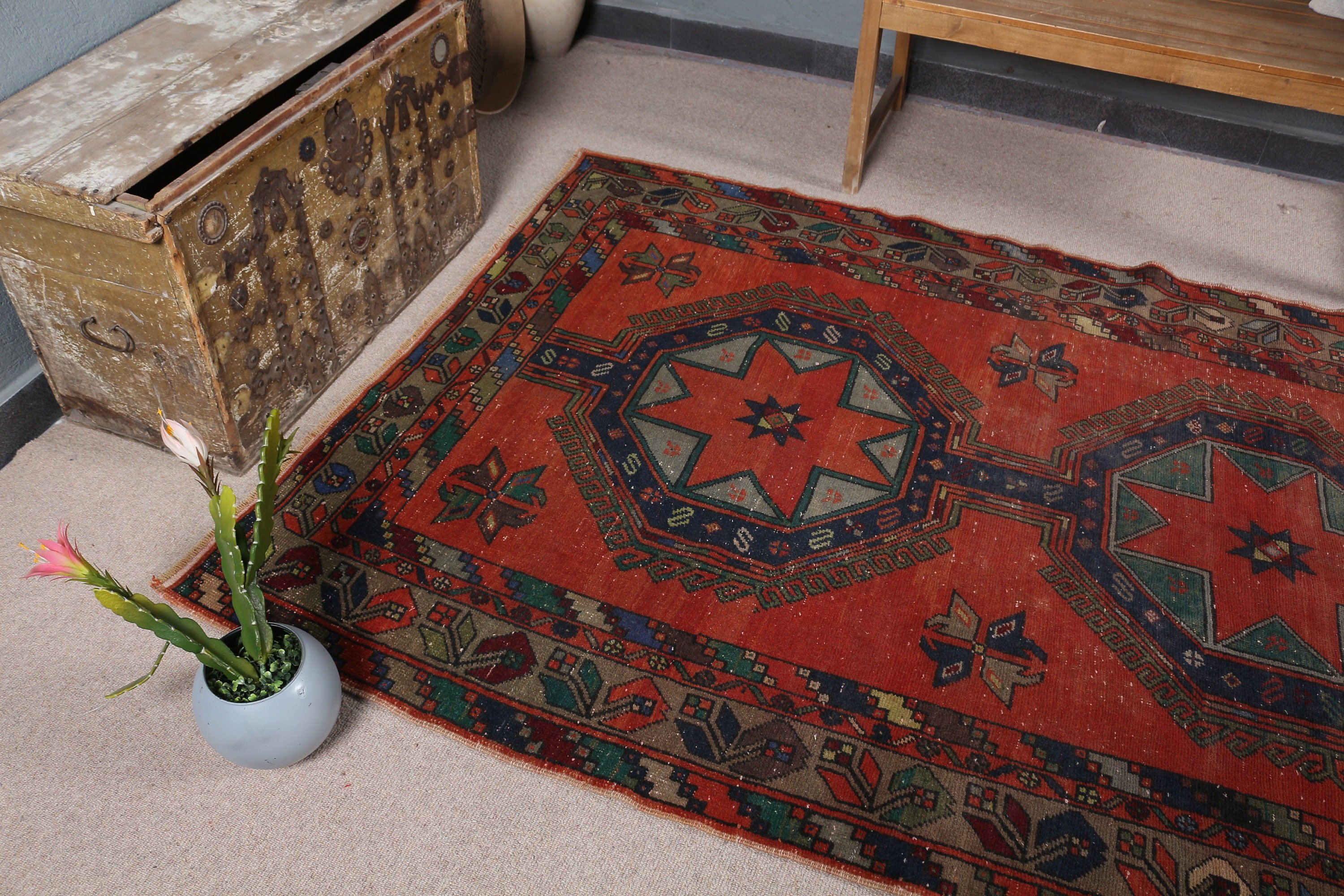 Vintage Rug, Stair Rug, Turkish Rugs, Rugs for Kitchen, Home Decor Rugs, Red Anatolian Rug, Custom Rug, Kitchen Rug, 4.8x12.8 ft Runner Rug