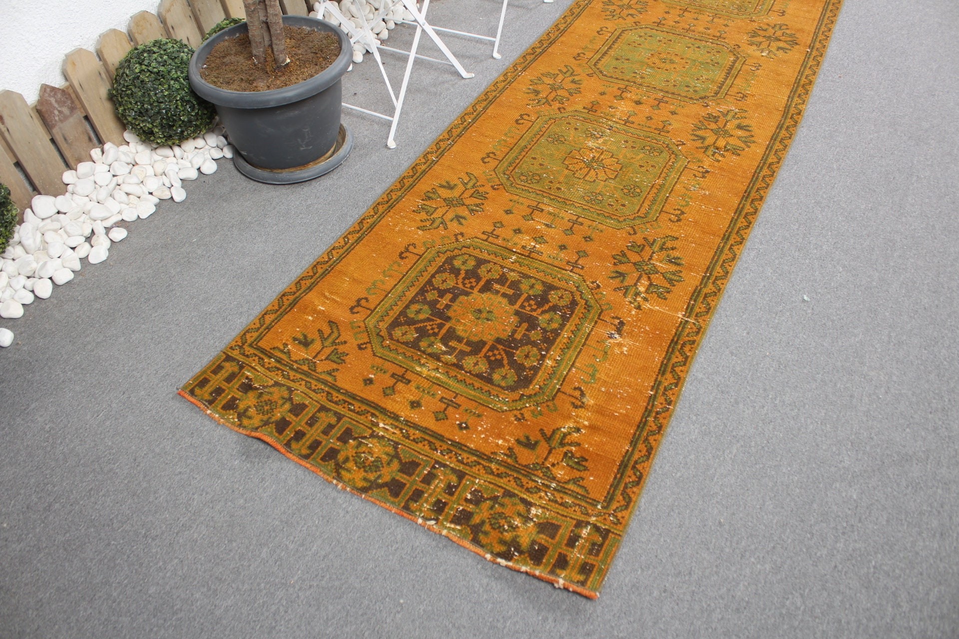 Türk Halıları, Vintage Halı, Turuncu 2.9x11.1 ft Runner Halısı, Aztek Halısı, Koridor Halısı, Merdiven Halıları, Yer Halısı, Ev Dekor Halısı