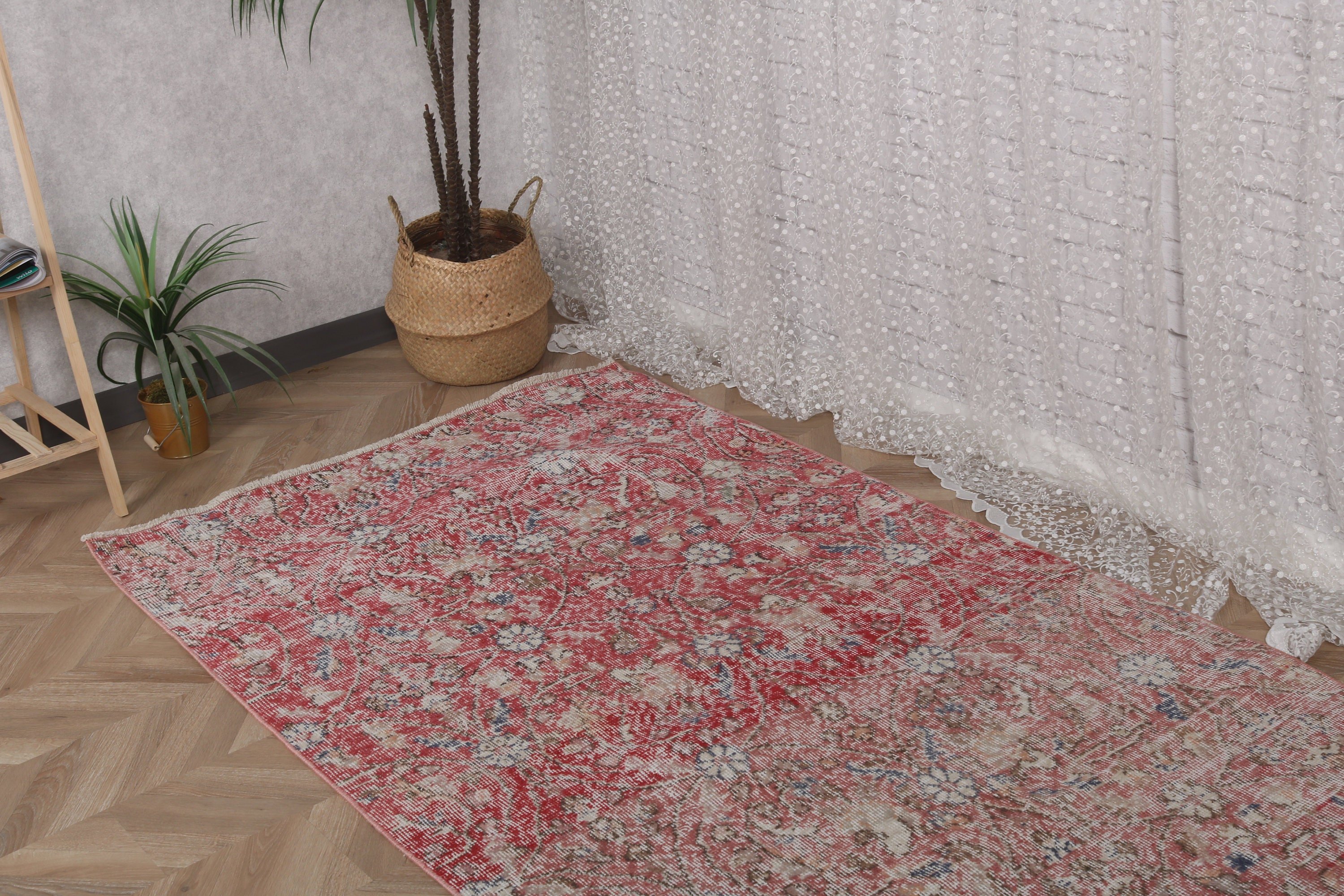 Vintage Rugs, Red Antique Rugs, Geometric Rugs, Floor Rugs, 3.8x7.2 ft Area Rug, Aztec Rug, Turkish Rug, Oushak Area Rug, Kitchen Rugs