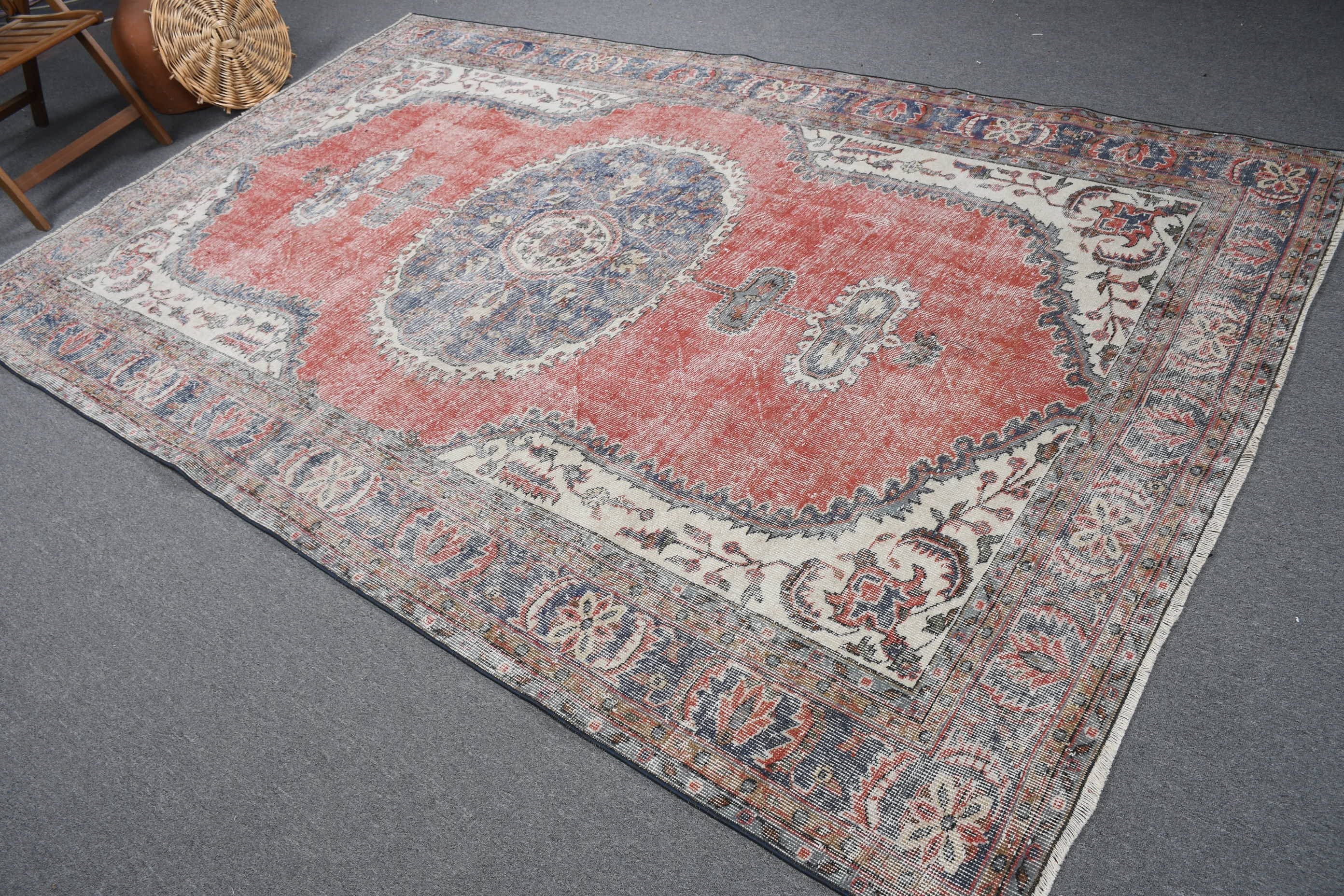 Salon Rugs, Vintage Rug, Turkish Rug, 6.6x10.1 ft Large Rug, Rugs for Living Room, Red Floor Rug, Wool Rug, Living Room Rug, Floor Rug