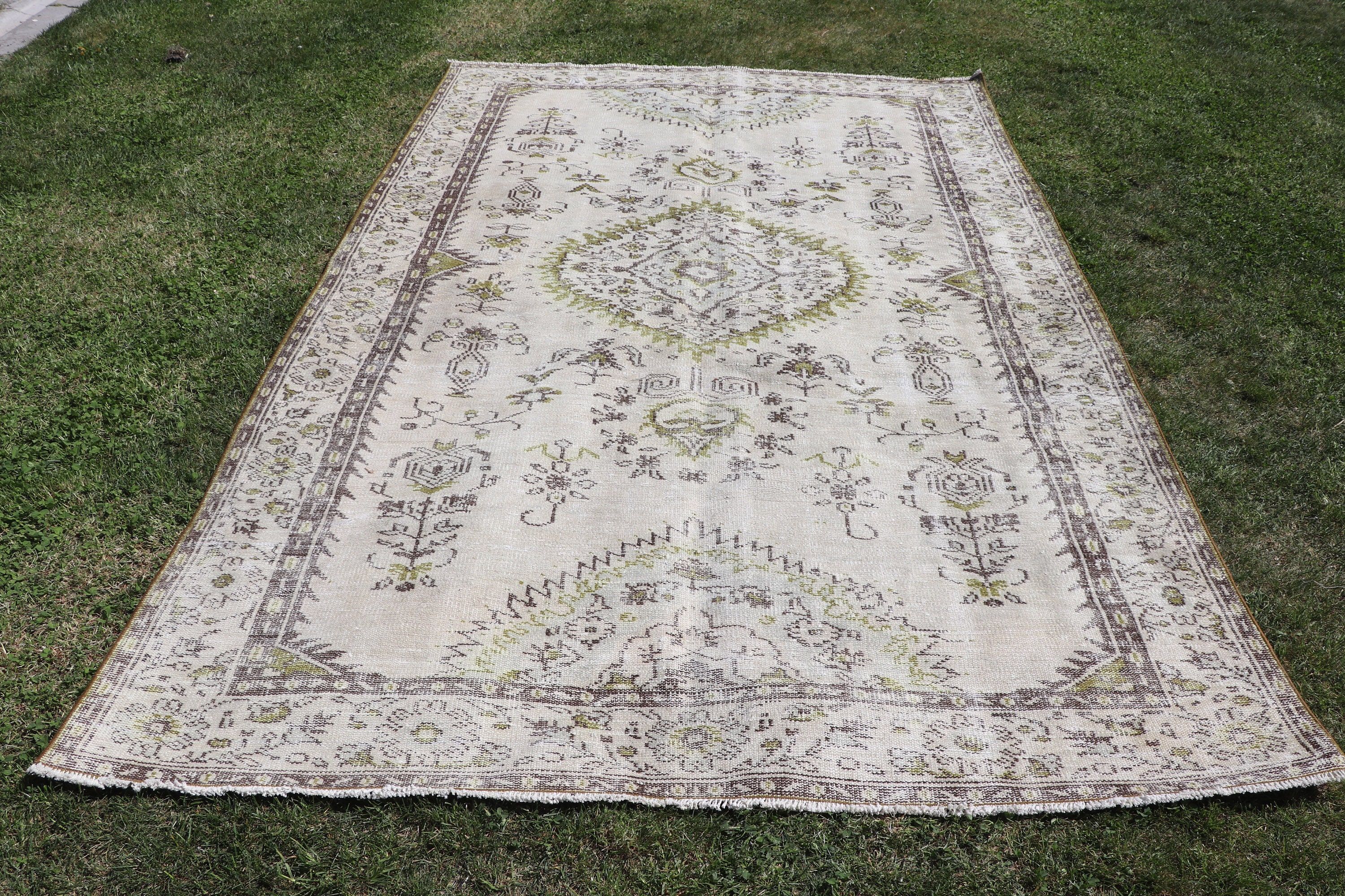 Büyük Oushak Halıları, Vintage Halılar, Türk Halıları, Lüks Halılar, Boho Halısı, 5,8x9,4 ft Büyük Halı, Yemek Odası Halısı, Bej Fas Halıları