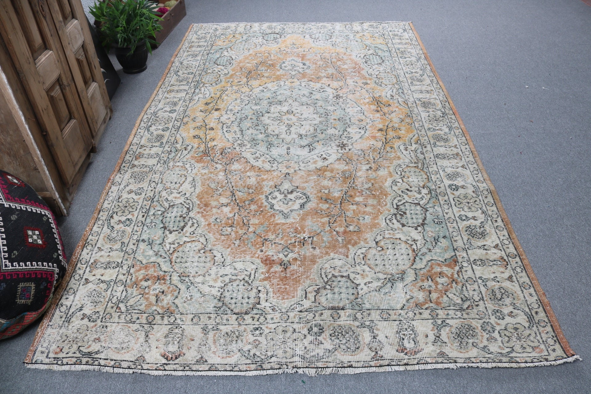 Nötr Halı, Modern Halı, Oturma Odası Halıları, Büyük Vintage Halılar, 5.6x9.6 ft Büyük Halı, Yeşil Lüks Halılar, Türk Halıları, Vintage Halılar