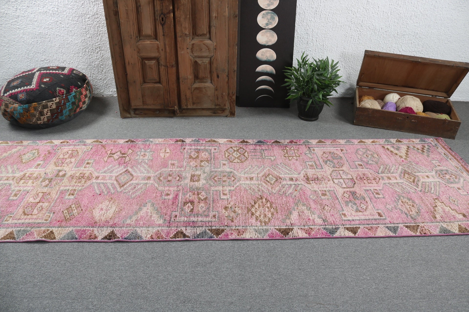 Pink Wool Rugs, Geometric Rug, Turkish Rug, Bedroom Rugs, 3.1x10.8 ft Runner Rug, Vintage Rugs, Hallway Rugs, Rugs for Beni Ourain Runner