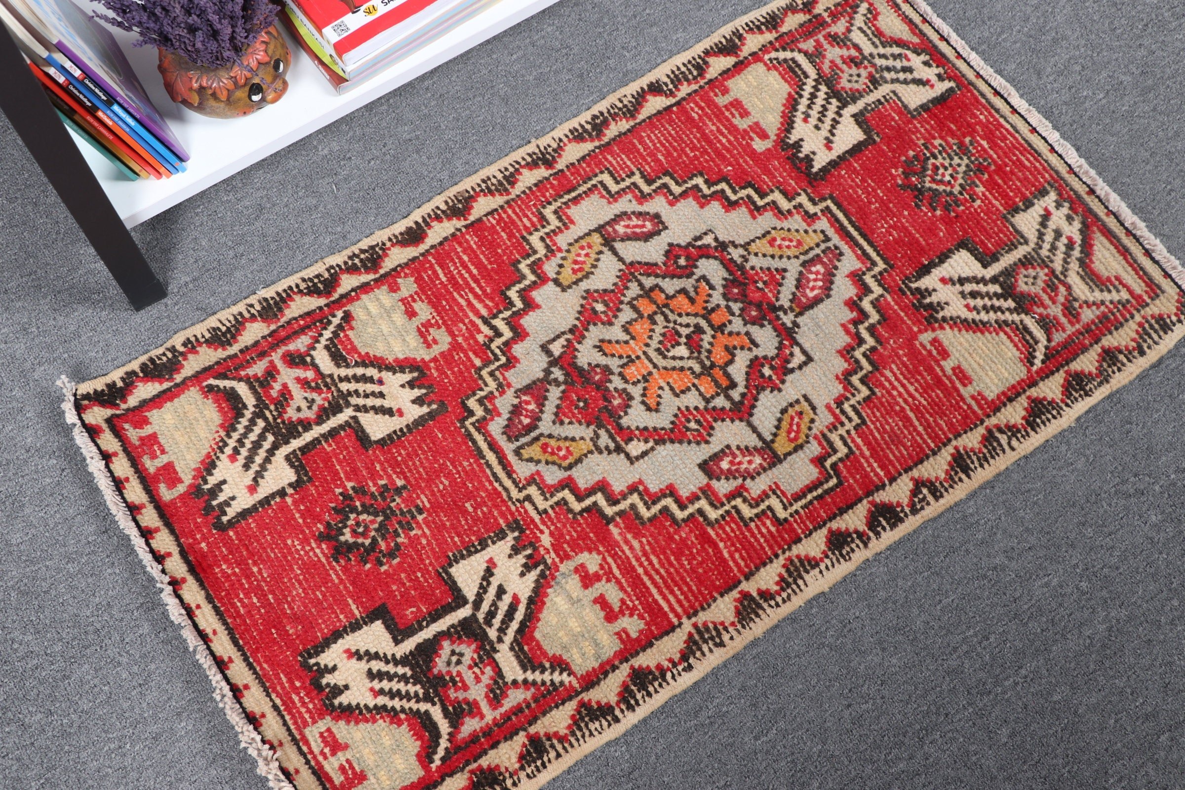 Vintage Rugs, Wool Rugs, Entry Rug, Rugs for Bathroom, Door Mat Rug, Red Floor Rug, 1.7x3 ft Small Rug, Pale Rug, Turkish Rug