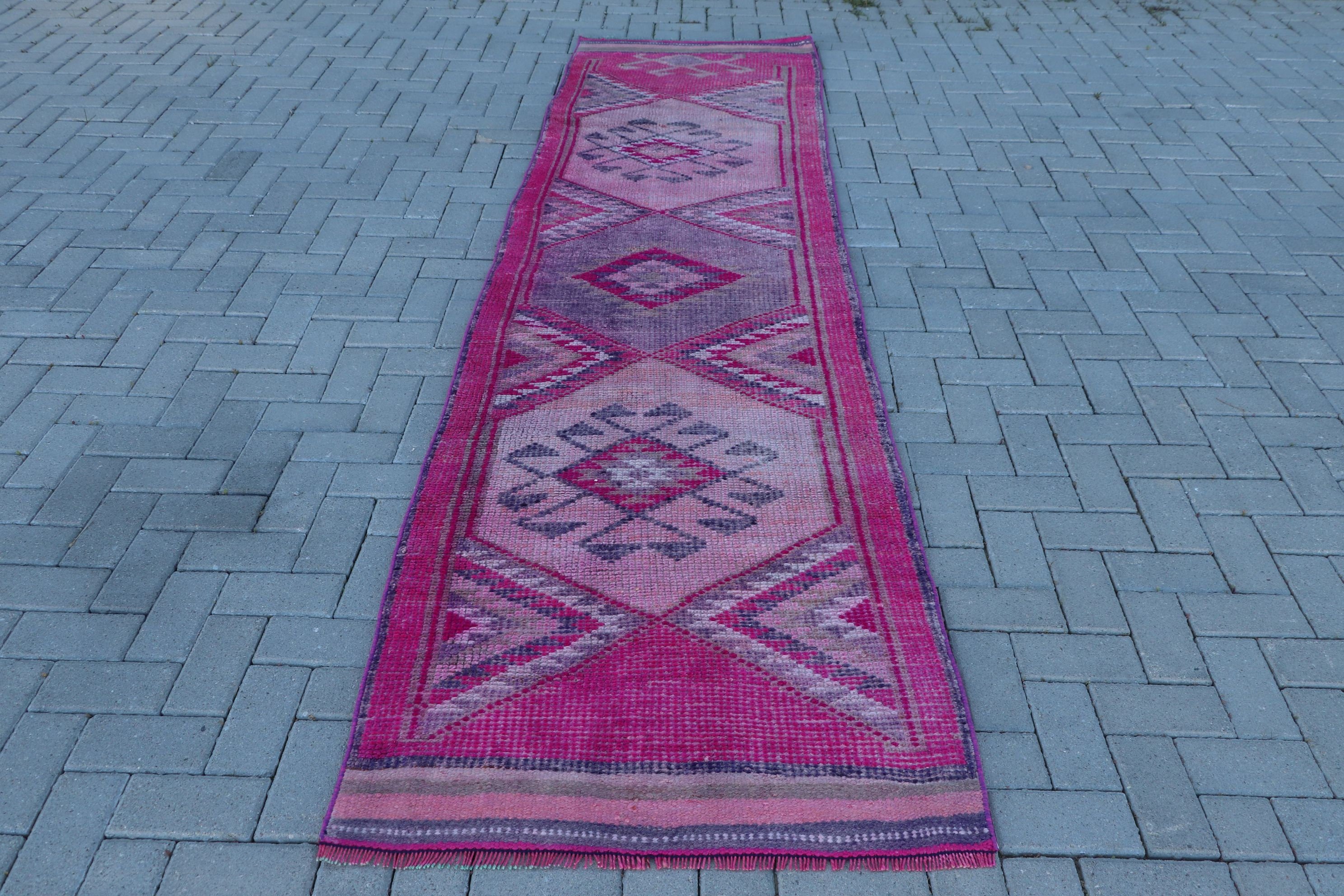 Bohemian Rug, Vintage Rug, Corridor Rugs, 2.9x10.7 ft Runner Rugs, Hallway Rug, Turkish Rug, Kitchen Rug, Floor Rug, Pink Oriental Rugs
