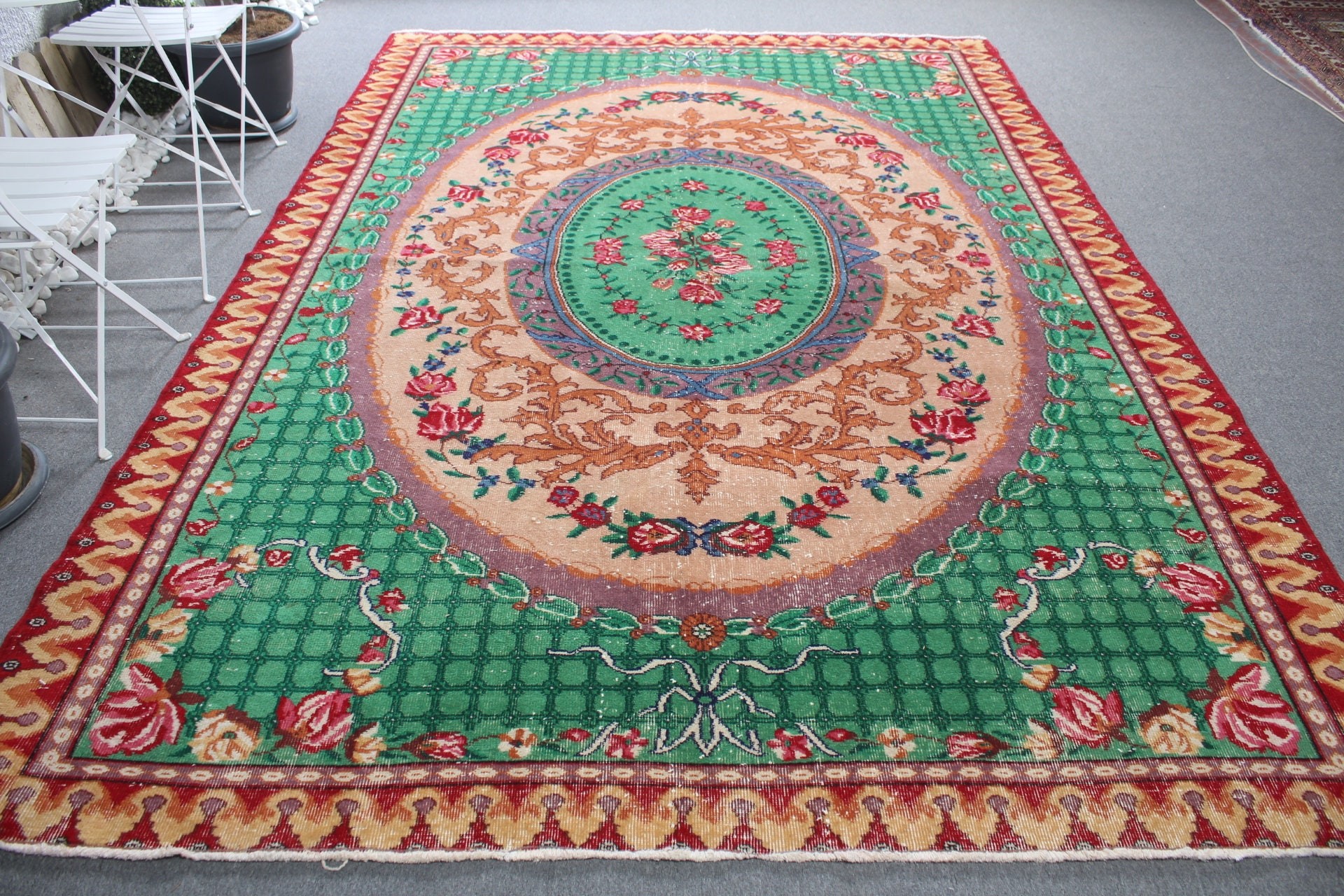 Vintage Rug, Living Room Rug, Moroccan Rug, Floor Rugs, Saloon Rug, Green Moroccan Rug, 7.3x10.7 ft Oversize Rug, Turkish Rug, Pastel Rugs