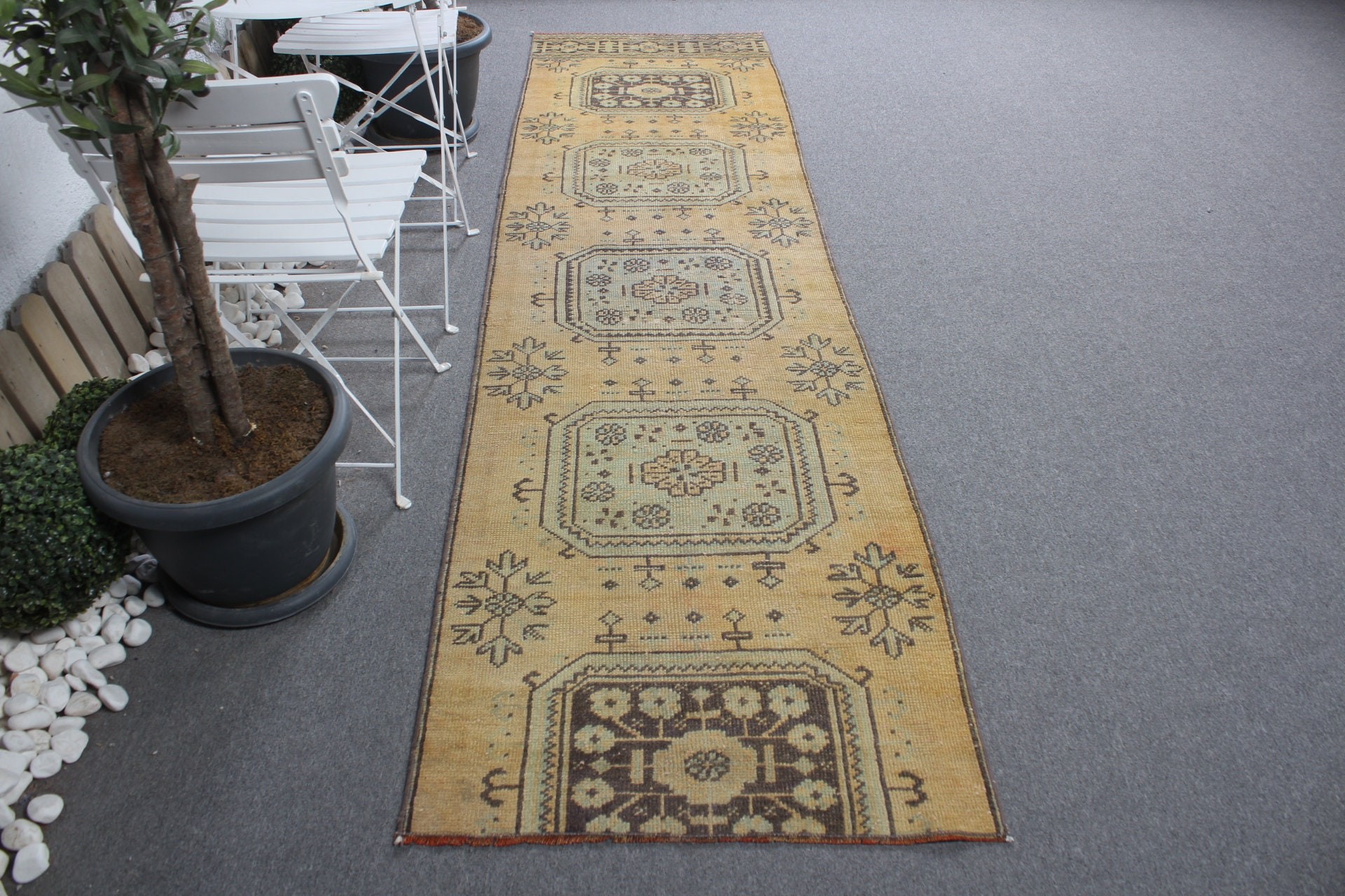 Vintage Halı, Sarı Oryantal Halılar, Mutfak Halıları, Türk Halısı, Koridor Halısı, 2.7x10.3 ft Yolluk Halısı, Koridor Halıları