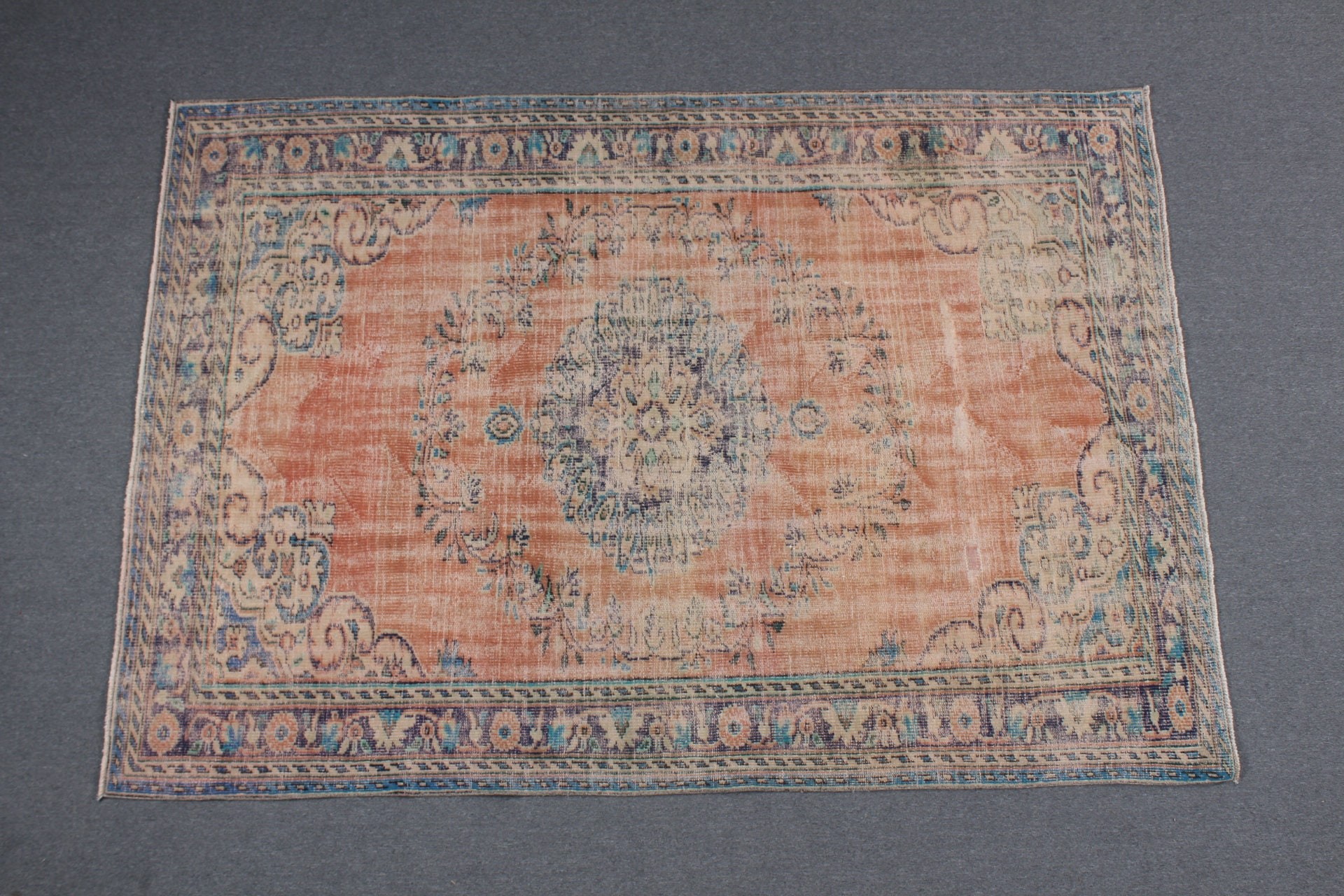 Türk Halıları, Oryantal Halı, 5,7x8,3 ft Büyük Halılar, Antika Halı, Turuncu Oushak Halı, Vintage Halılar, Yemek Odası Halısı, Soluk Halı, Oturma Odası Halısı