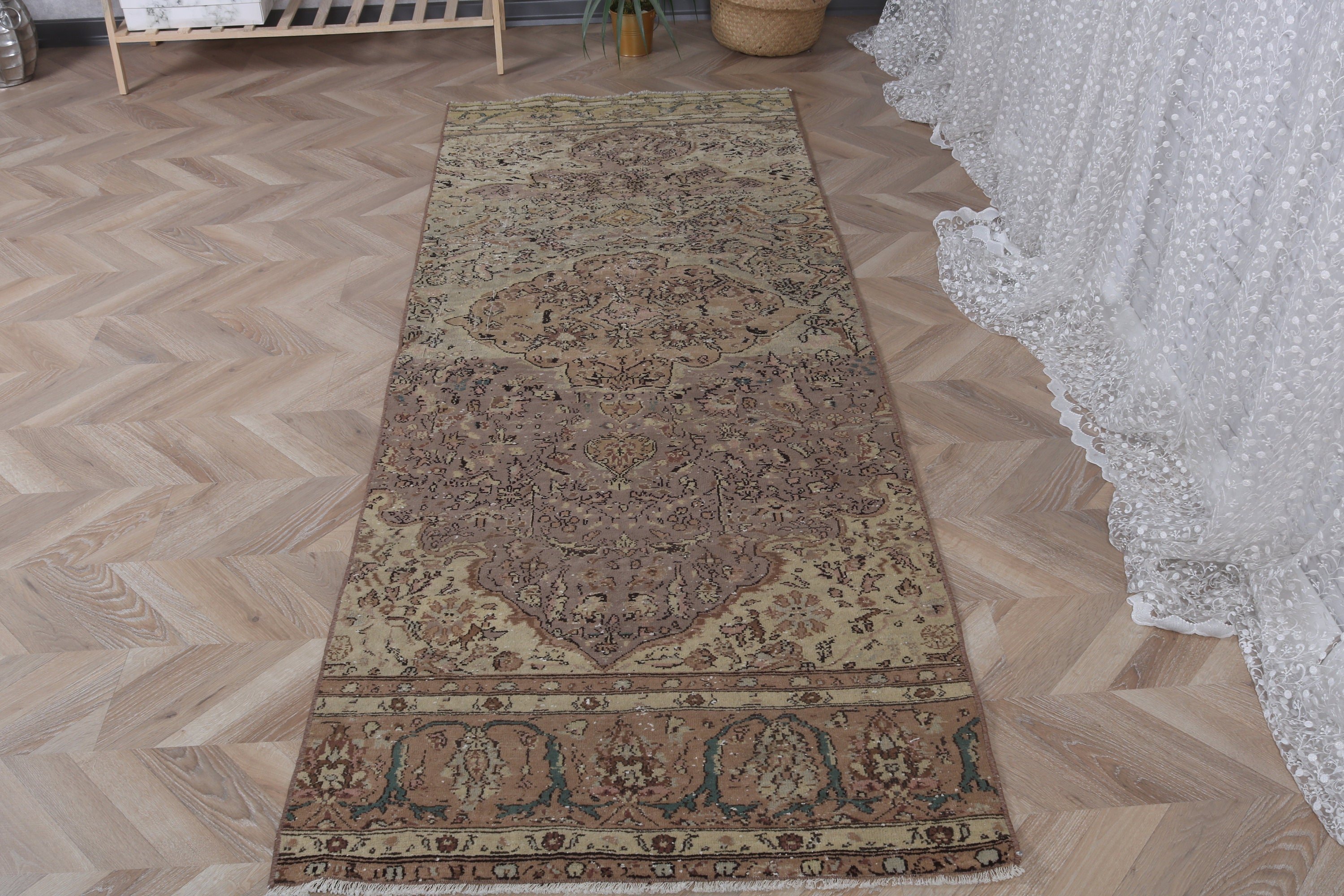 Kahverengi Oushak Halı, 2.9x7.9 ft Runner Halıları, Beni Ourain Runner Halıları, Nötr Halılar, Vintage Halı, Koridor Halıları, Türk Halısı, Boho Halıları