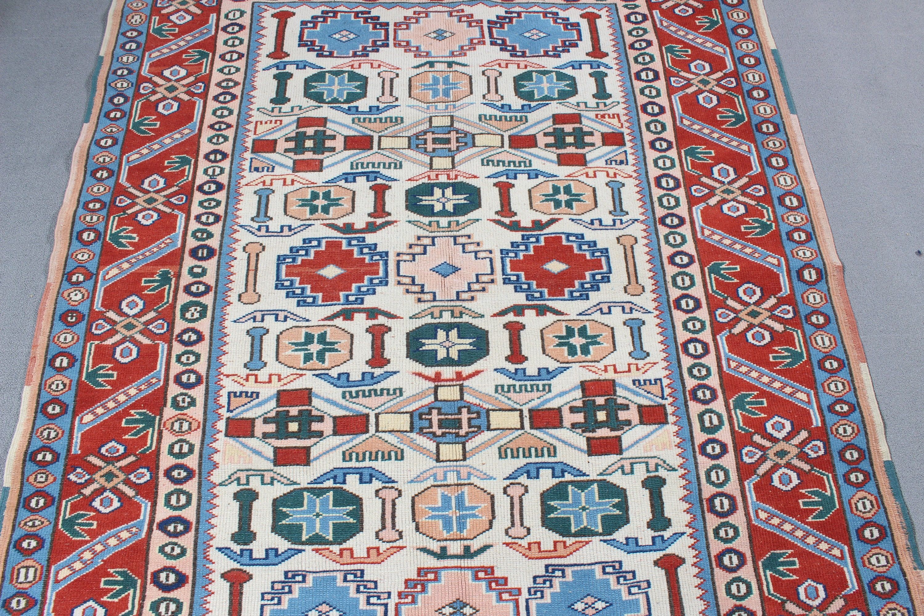 Vintage Halılar, Geometrik Halılar, 4,5x5,8 ft Alan Halısı, İç Mekan Halıları, Türk Halısı, Yemek Odası Halıları, Kırmızı Mutfak Halısı, El Dokuma Halılar