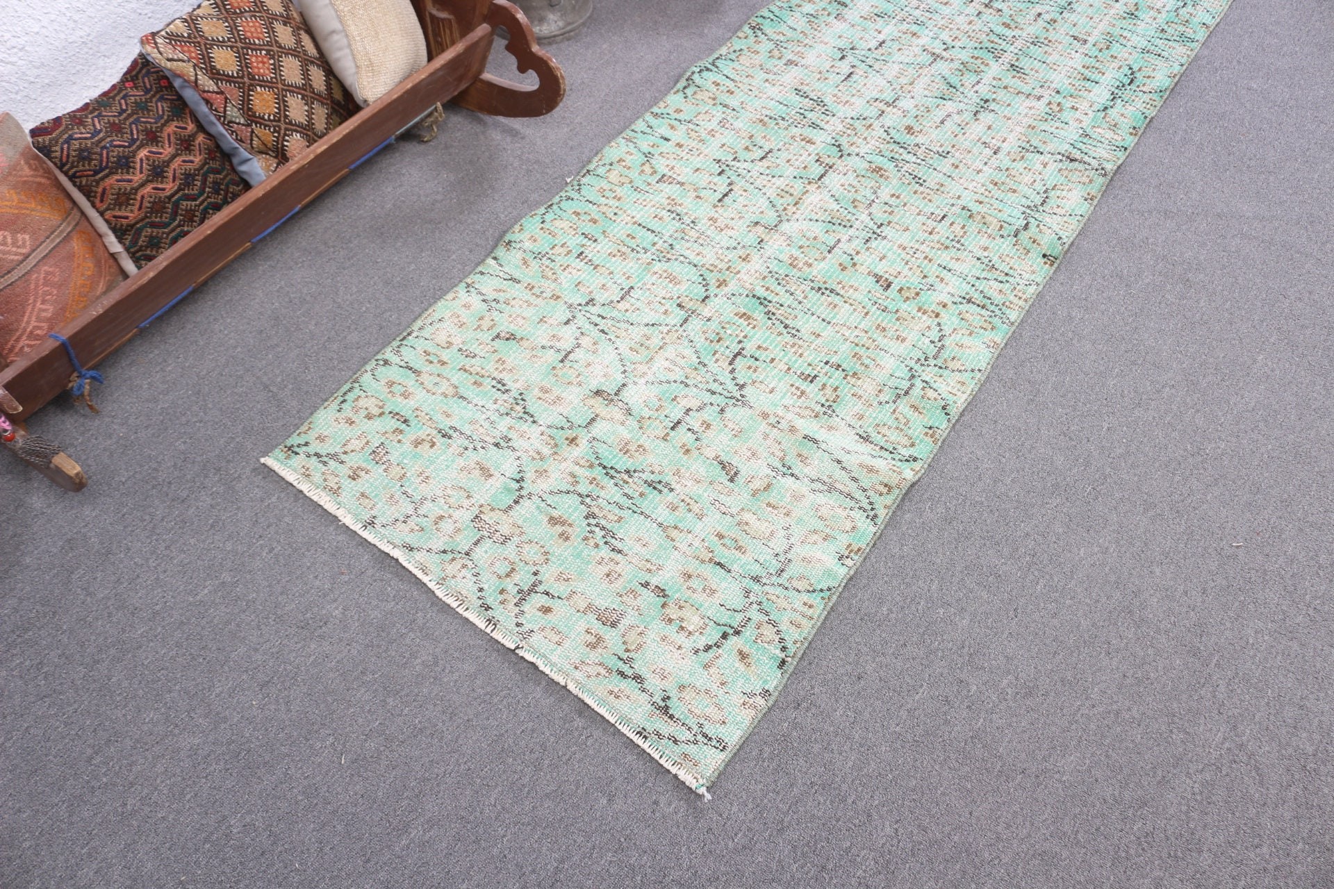 Green Floor Rug, Vintage Rug, Rugs for Corridor, 2.5x6.4 ft Runner Rugs, Stair Rug, Home Decor Rug, Turkish Rug, Antique Rug, Hallway Rug
