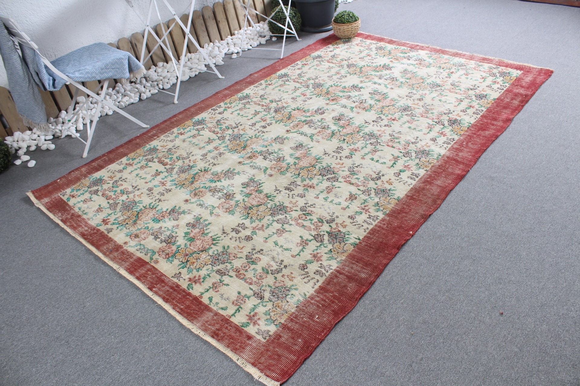 Turkish Rugs, Vintage Rug, Wool Rug, Rugs for Nursery, Beige Floor Rugs, Organic Rug, 5.6x6.8 ft Area Rug, Living Room Rug, Oushak Rug